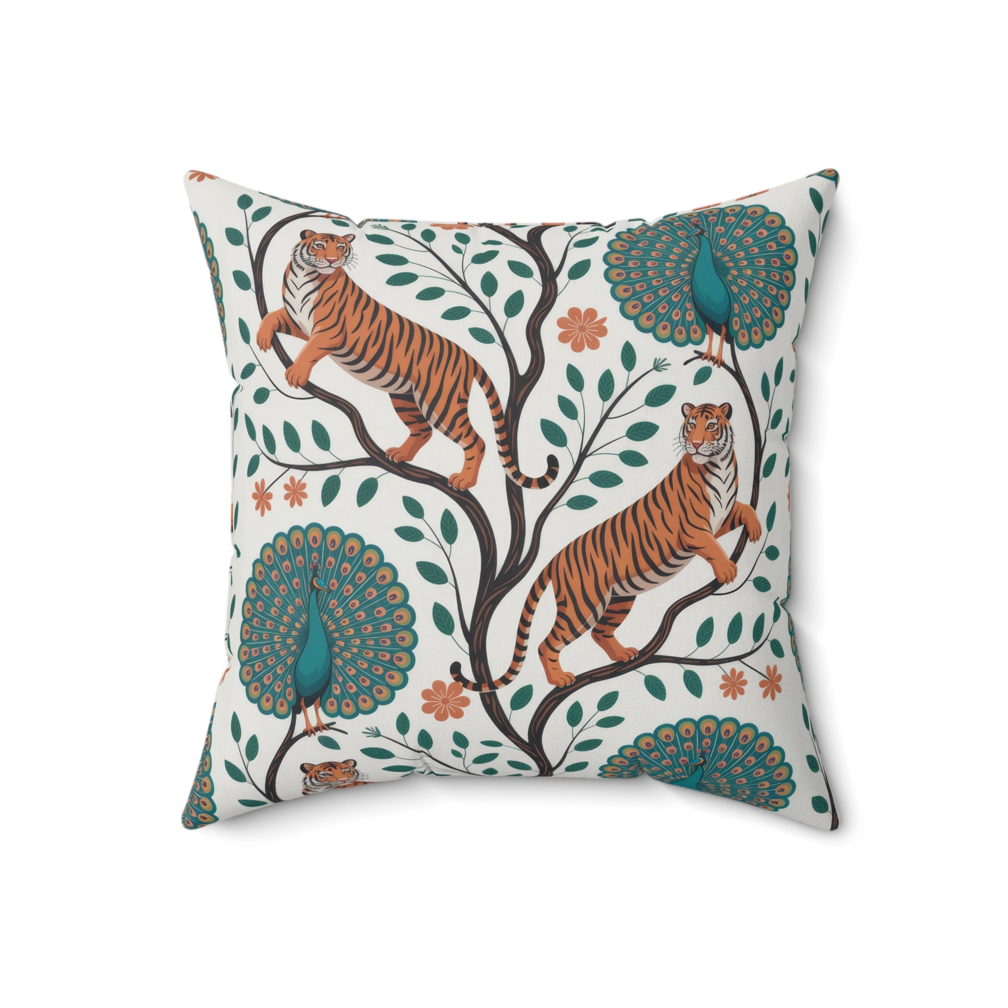 Tiger and Peacock Throw Pillow | Botanical Animal Print Square Pillow