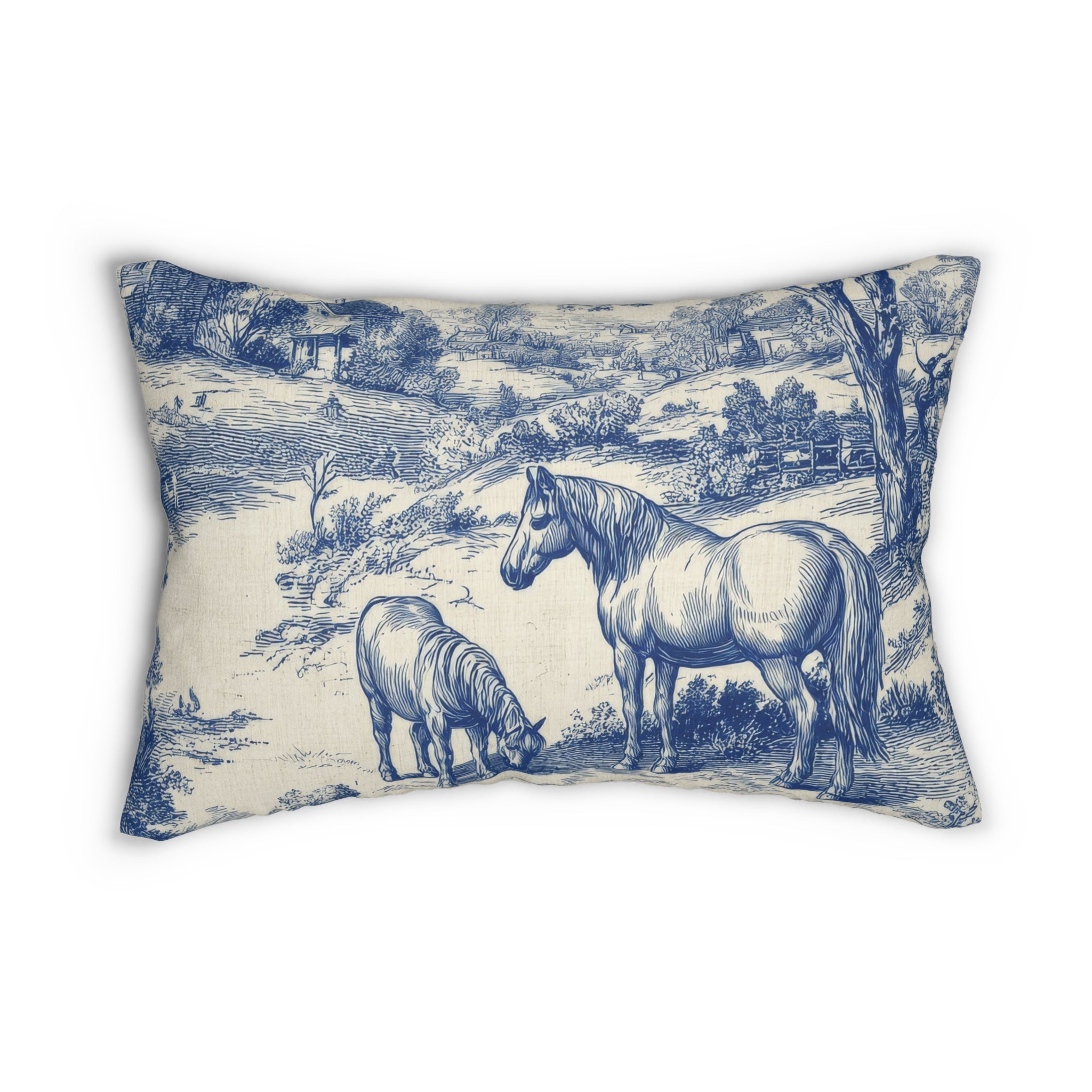 Blue Toile Horse and Cottage Scene Lumbar Pillow | French Country Decor