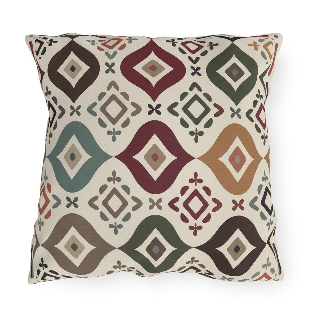 Southwestern geometric outdoor pillow in rust, olive, blue and cream