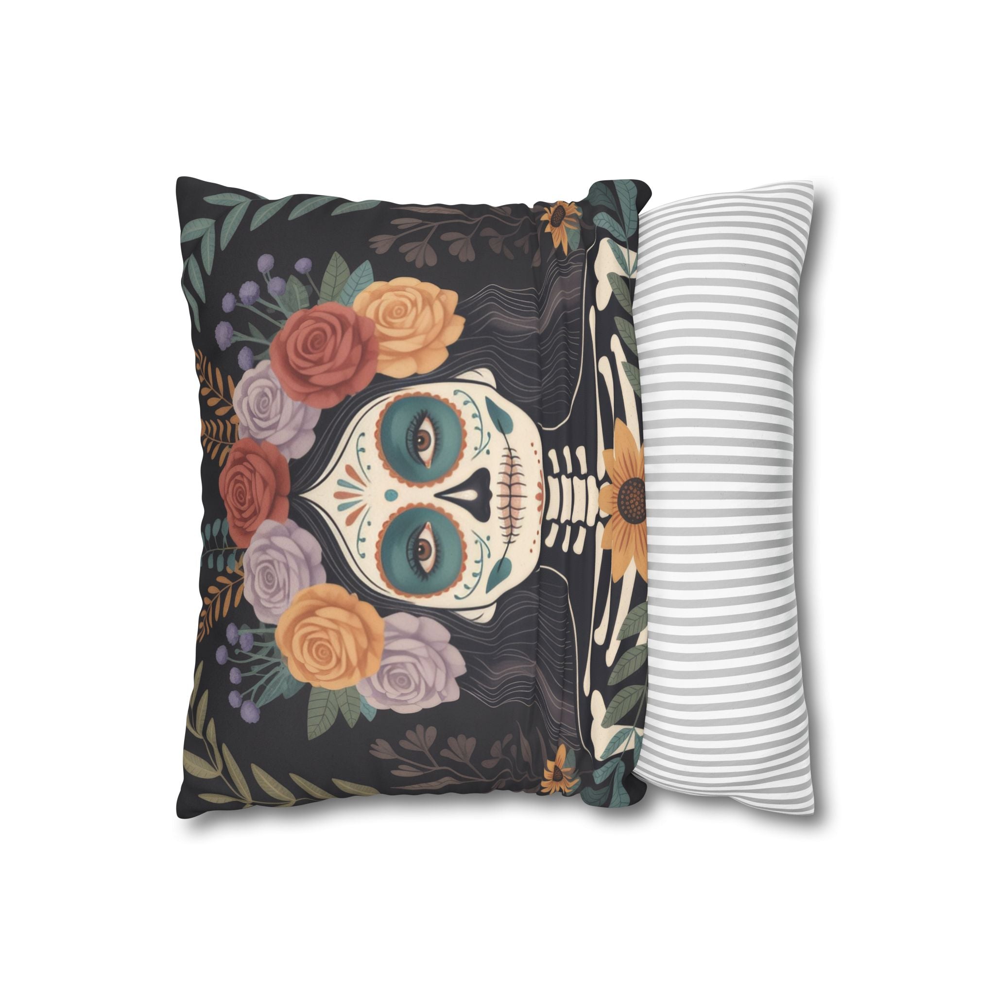 La Catrina Faux Suede Pillow Cover, Colorful Day of the Dead Floral Skull Decor