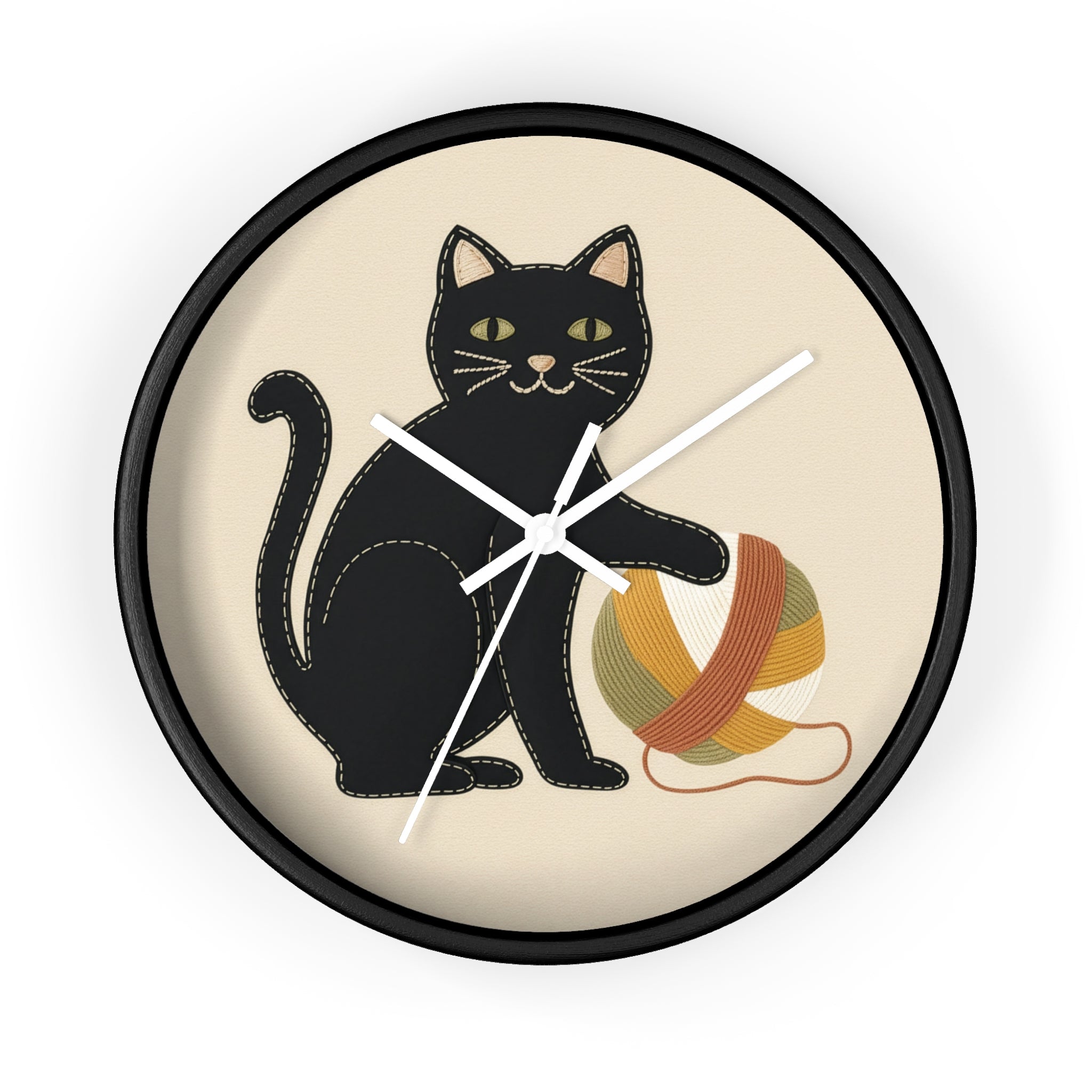 Black Cat Yarn Wall Clock, Modern Minimalist Cat Decor, Knitting & Crochet Lover Gift, Playful Nursery or Craft Room Clock