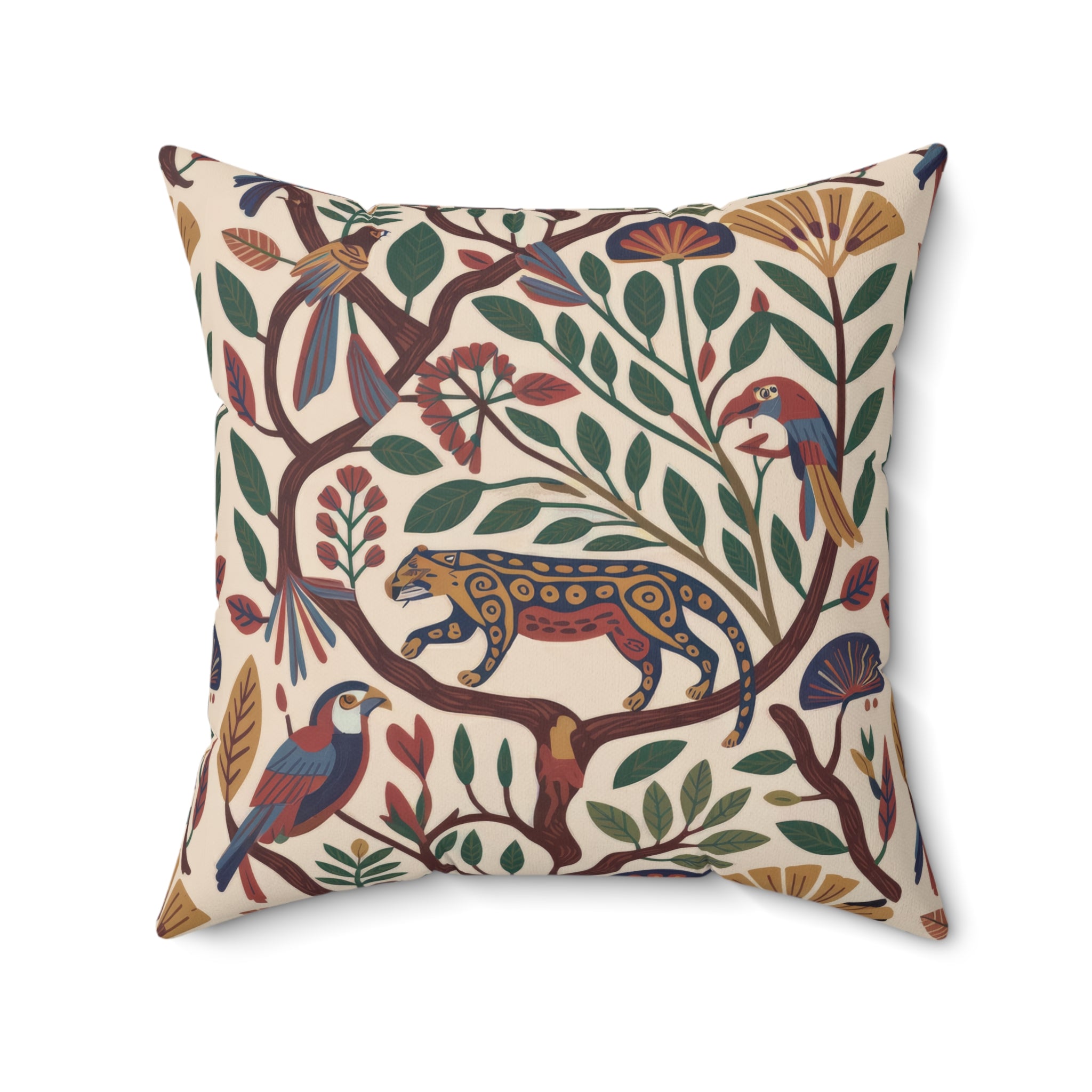 Folk Botanical Jaguar Throw Pillow, Faux Suede Decorative Pillow with Insert, Bohemian Nature Art Cushion