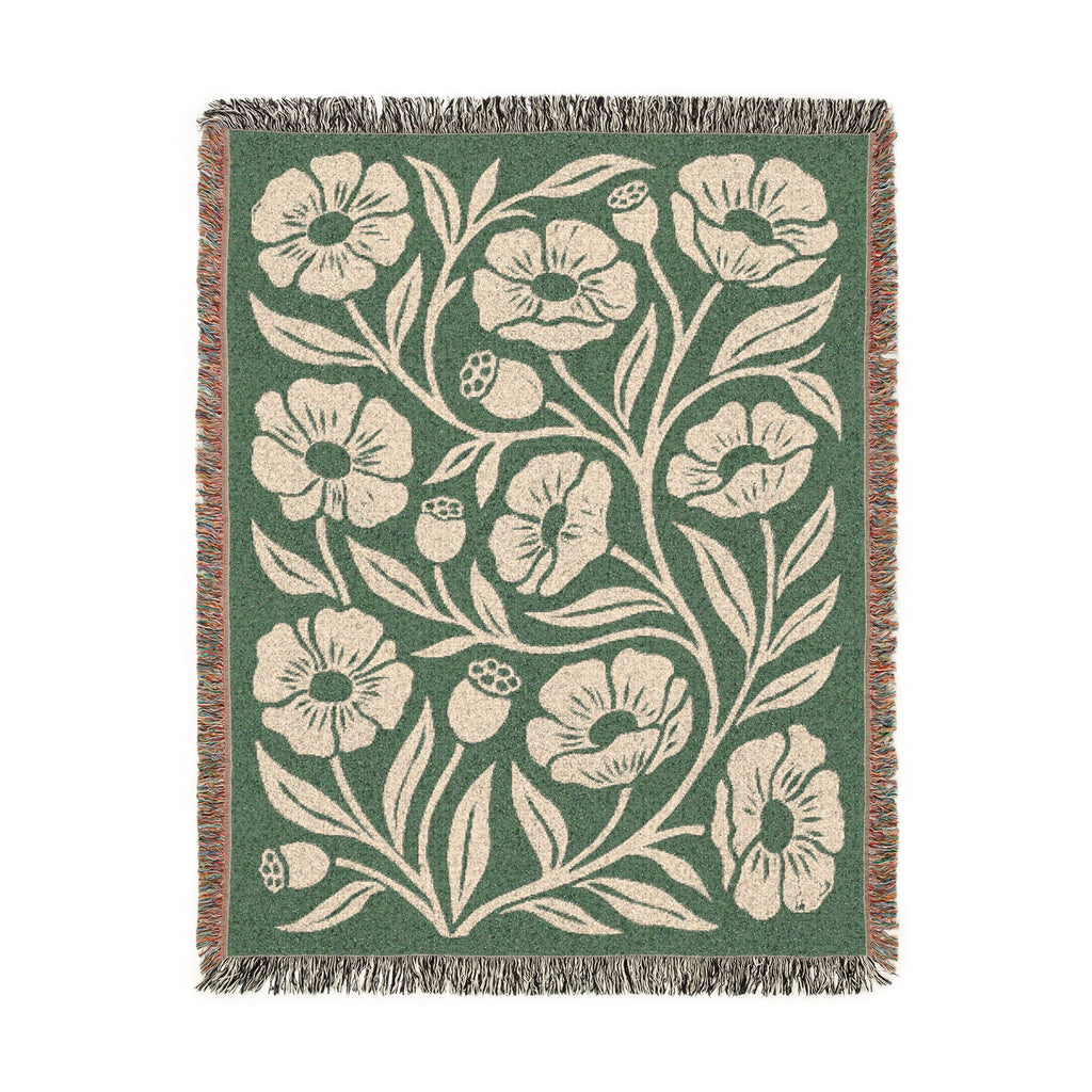 Botanical Floral Pattern Woven Blanket | Green Sage Cream Flower Throw
