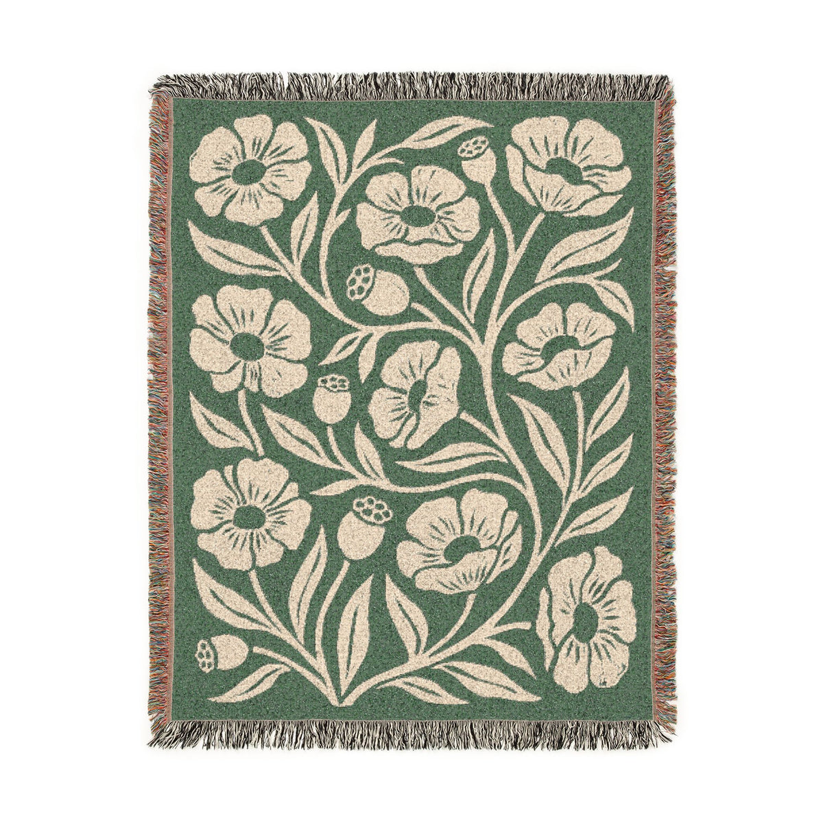 Botanical Floral Pattern Woven Blanket | Green Sage Cream Flower Throw