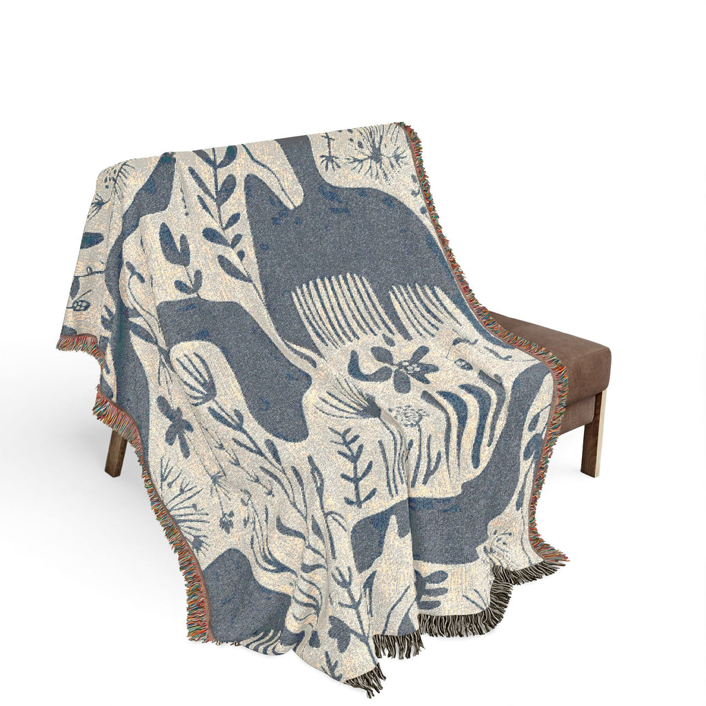 Scandinavian Horse Pattern Woven Blanket | Blue Cream Folk Art Tapestry