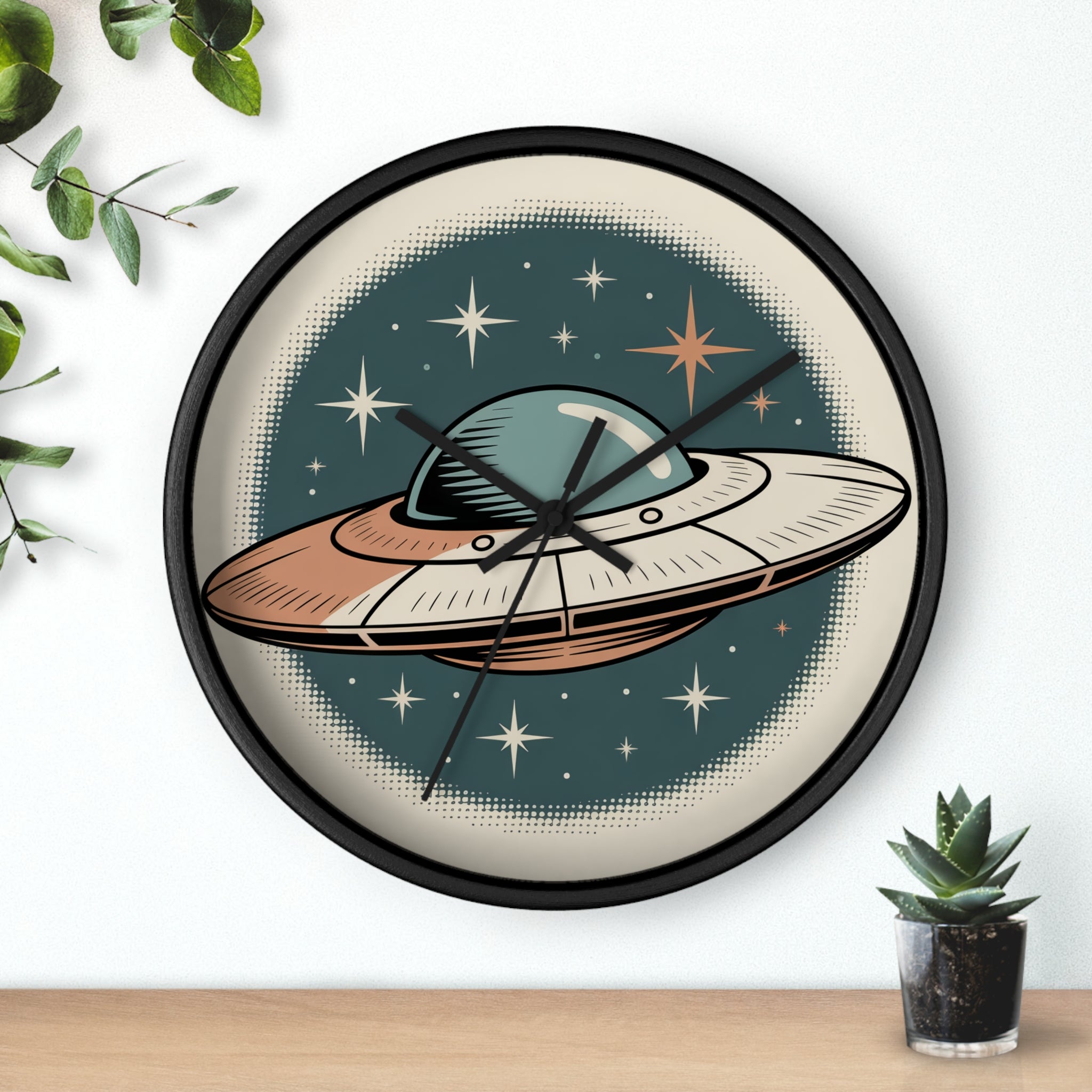 Mid Century Modern Clock, Vintage UFO Postcard Wall Clock, Halftone Starry Night Saucer, Retro Space Age Decor, Teal Orange Sci Fi
