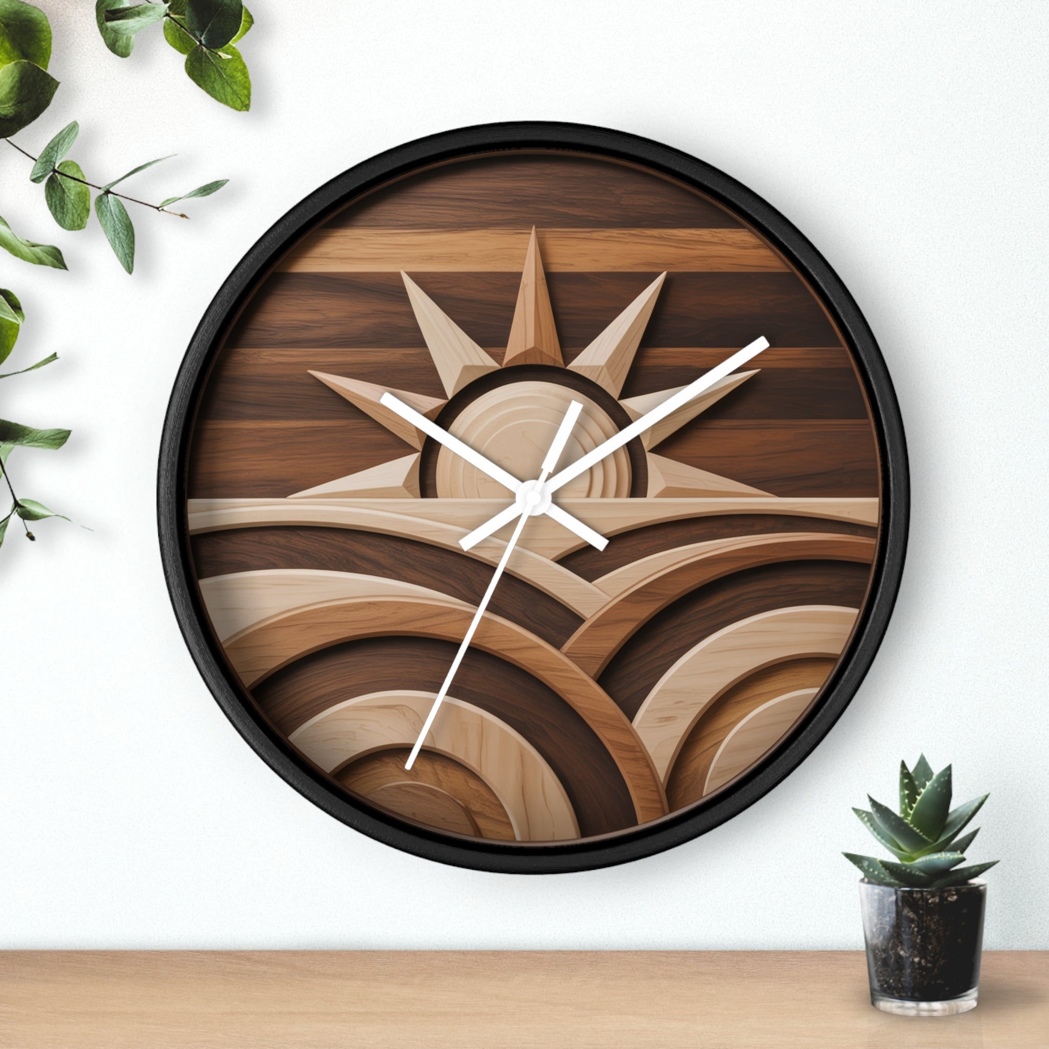 Mid Century Modern Clock Face Art, Geometric Sunrise Over Hills, Marquetry Style, Neutral Scandinavian Decor