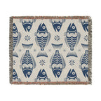Blue Scandinavian Fish Woven Blanket | Nordic Folk Art Throw