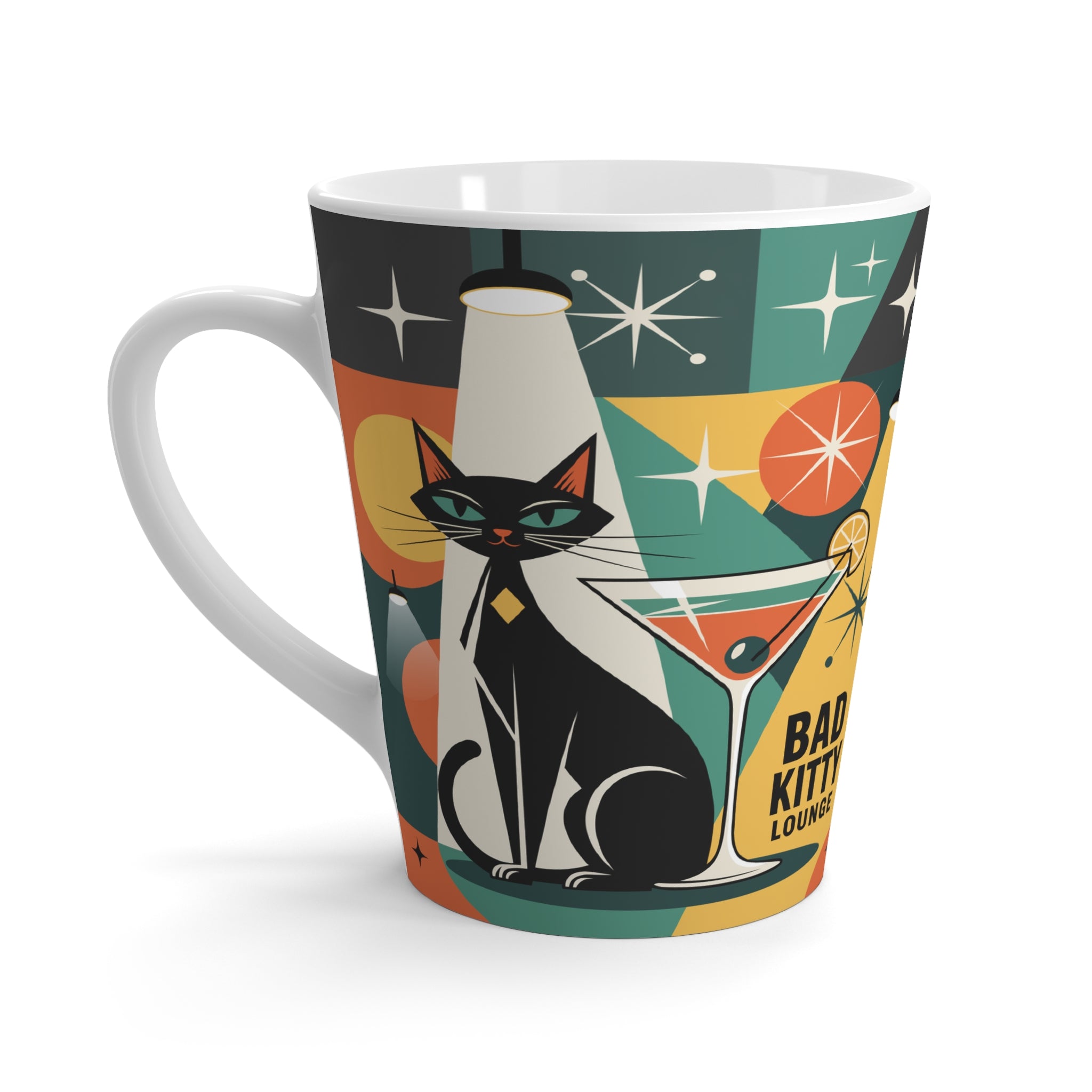 Bad Kitty Lounge mod retro cat Latte Mug | mid century modern, atomic starbursts