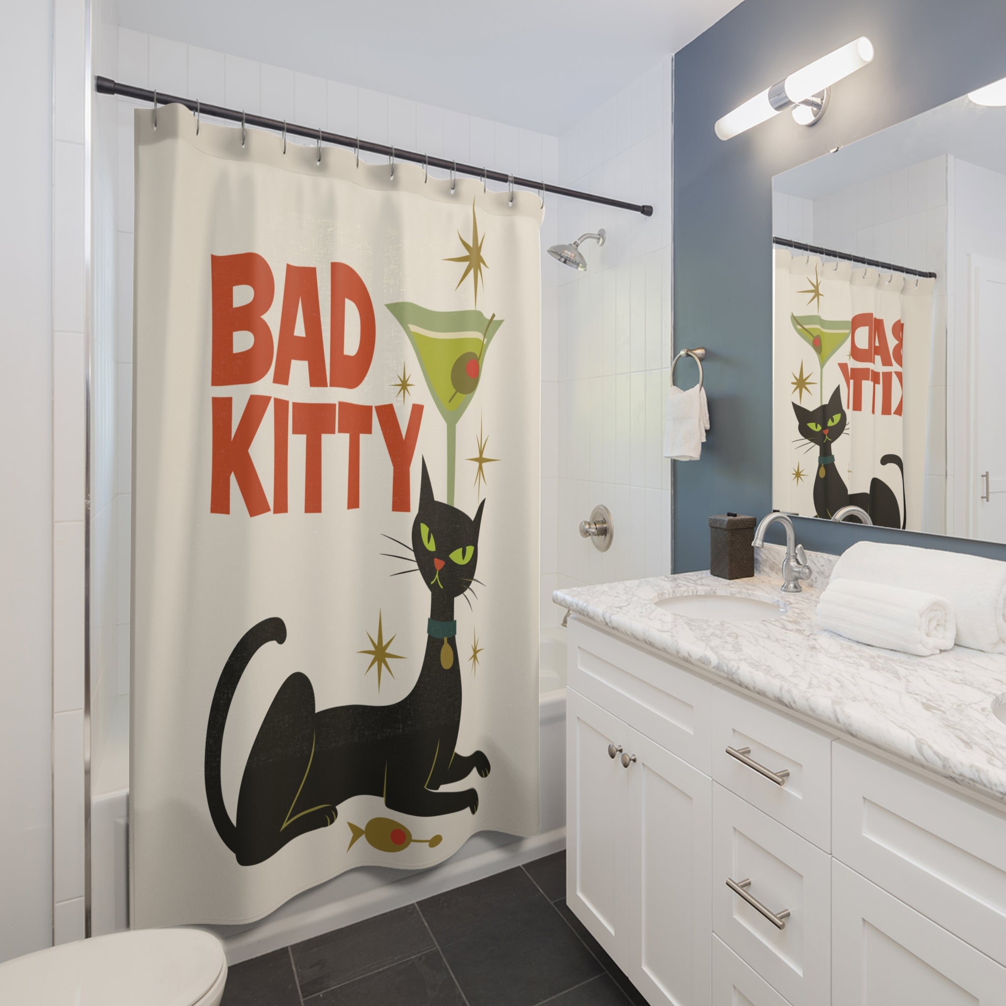 Bad Kitty Black Cat Martini Mid Century Modern Shower Curtain