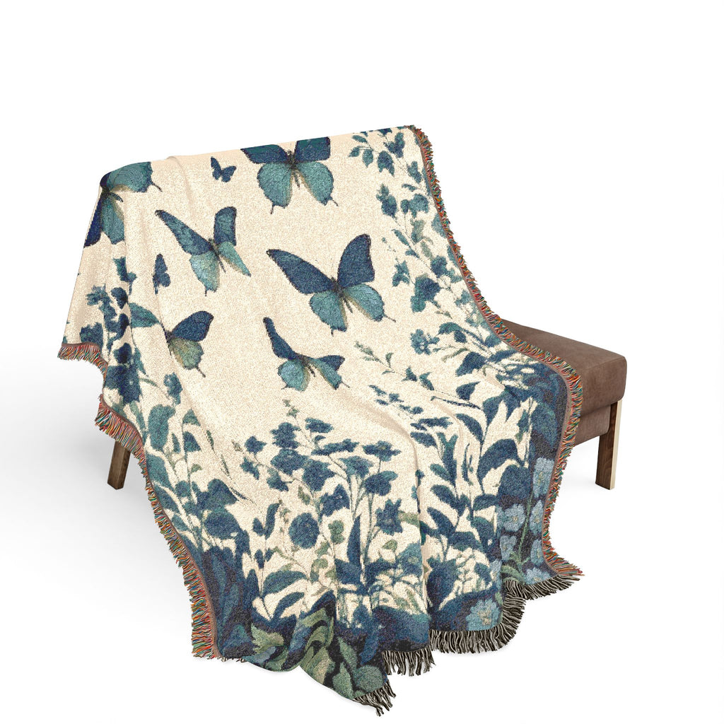 Blue Butterfly Botanical Woven Blanket | Cottagecore Throw