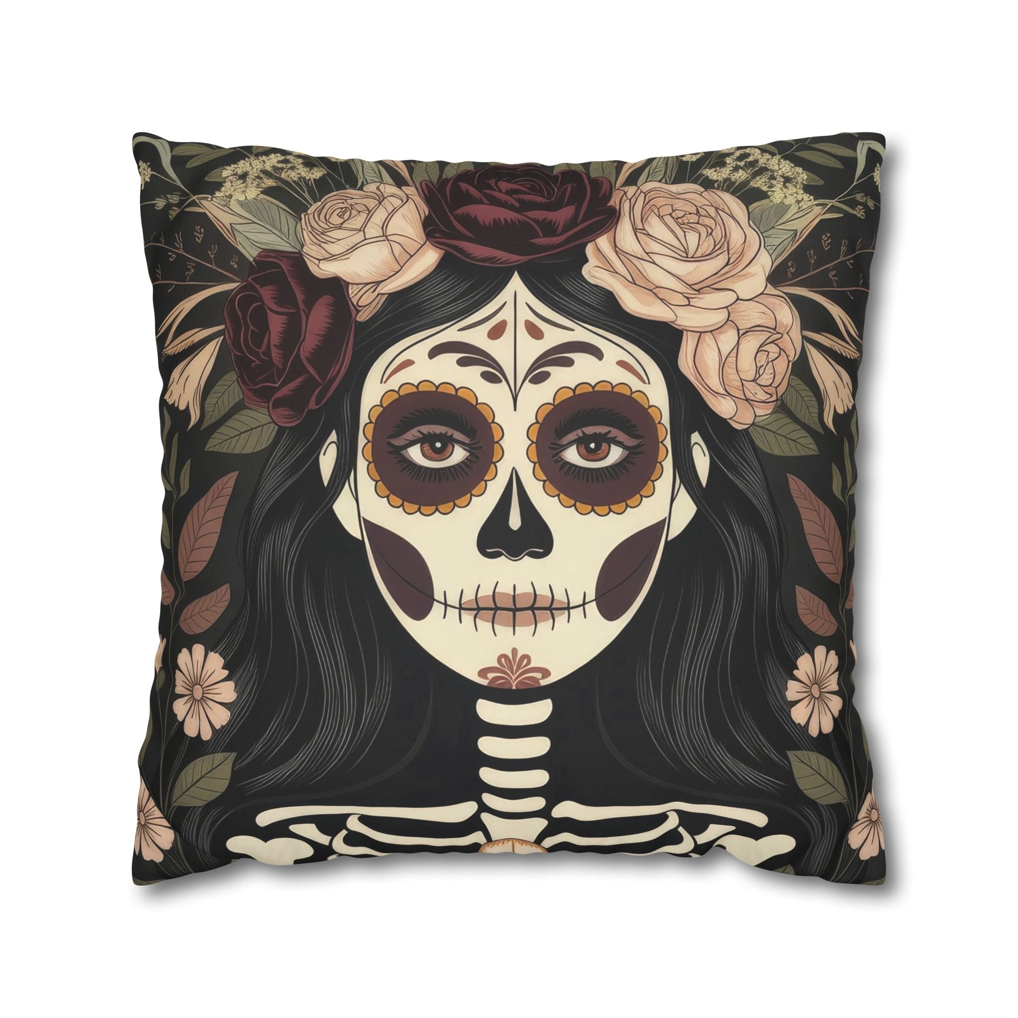 Gothic La Catrina Throw Pillow | Faux Suede Sugar Skull Cushion Cover, Dark Boho Decor