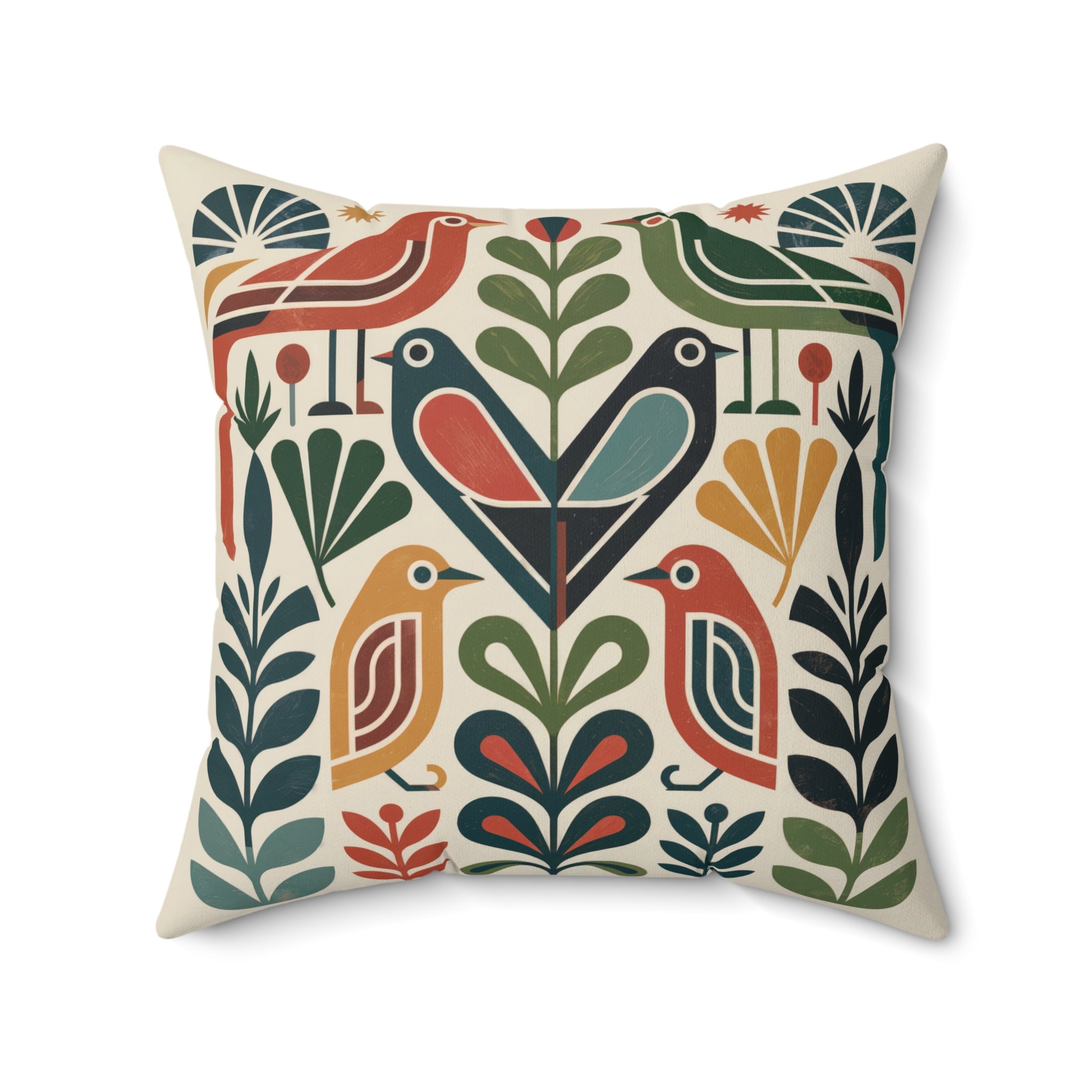 Mid-Century Folk Bird Throw Pillow, Geometric Botanical Cushion, Retro Modern Accent Pillow
