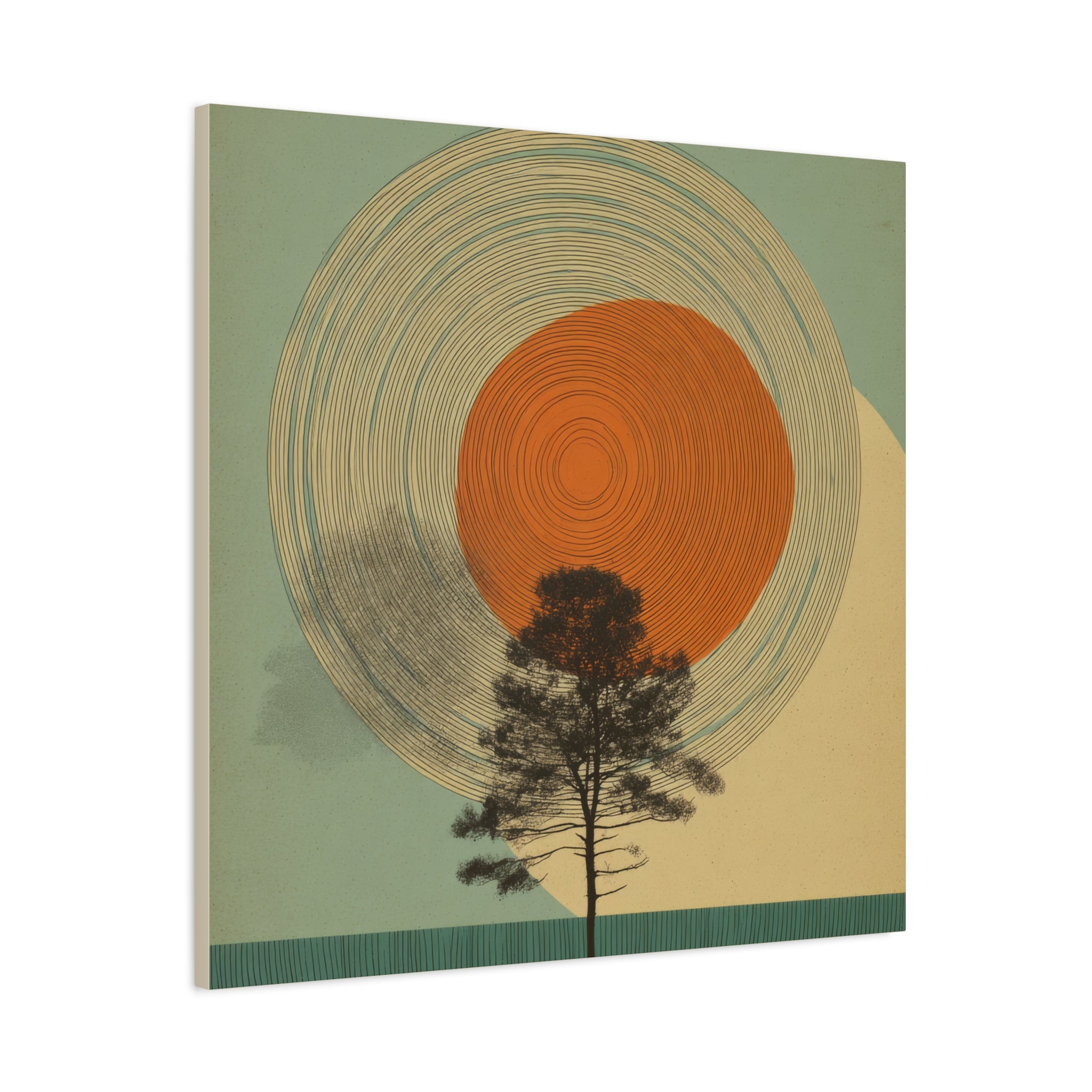 Tree Ring Wall Art | Mid Century Wall Art | Abstract Canvas Of Sun And Tree Nature Landscape
