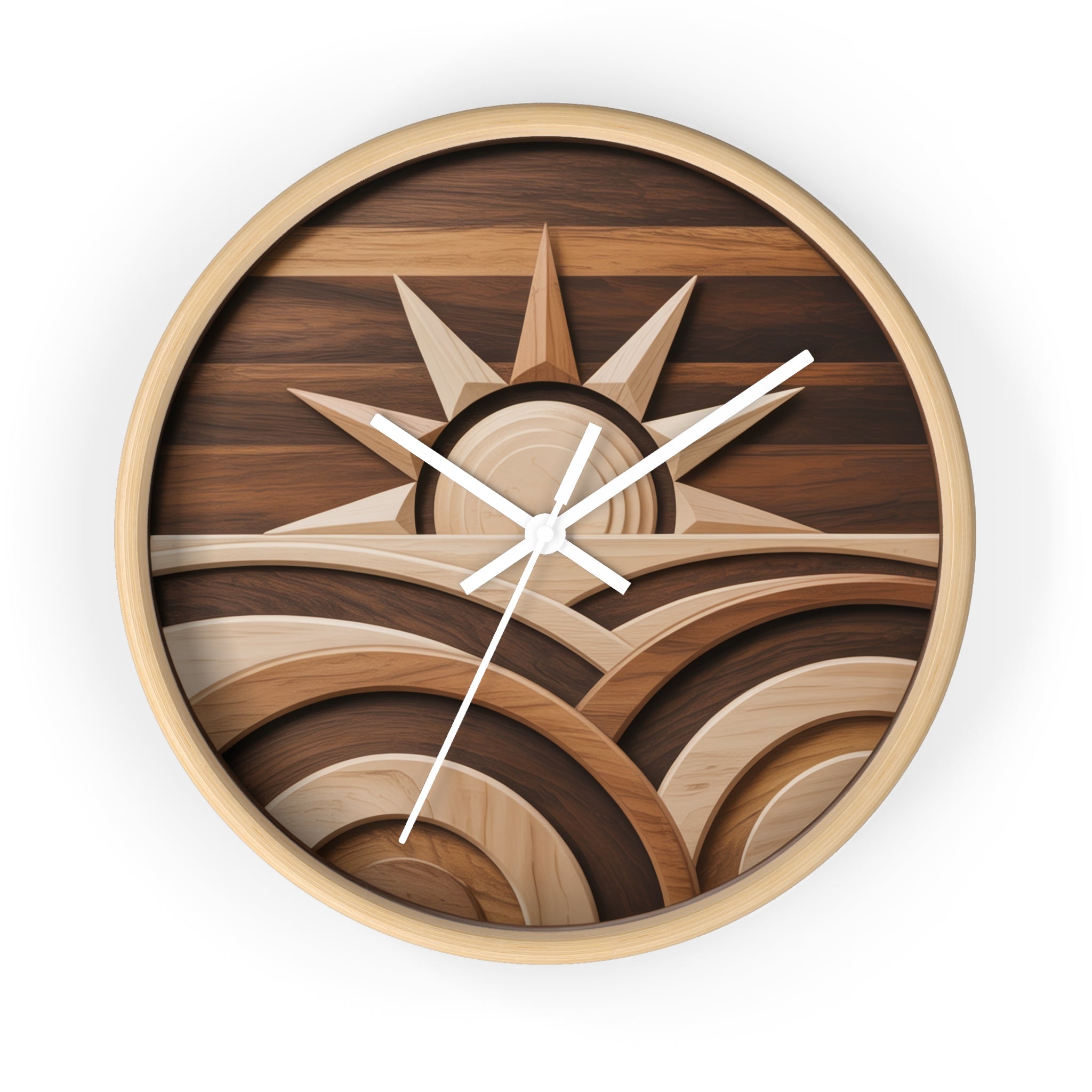 Mid Century Modern Clock Face Art, Geometric Sunrise Over Hills, Marquetry Style, Neutral Scandinavian Decor