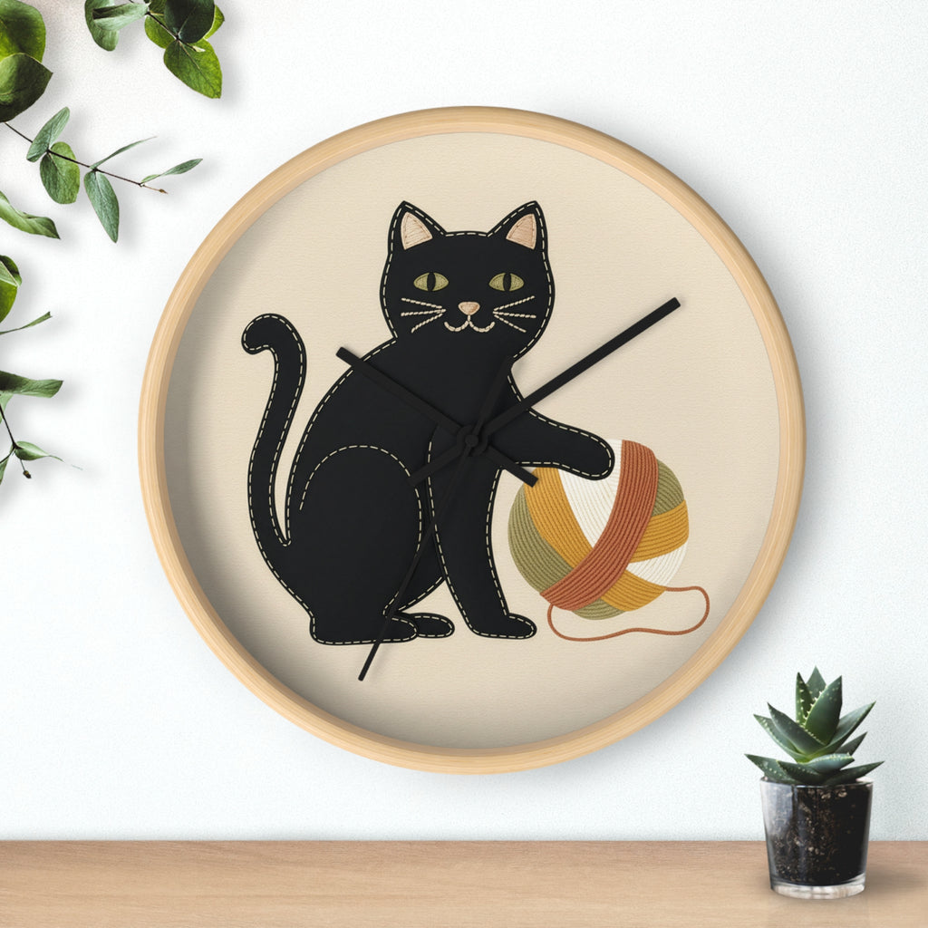 Black Cat Yarn Wall Clock, Modern Minimalist Cat Decor, Knitting & Crochet Lover Gift, Playful Nursery or Craft Room Clock