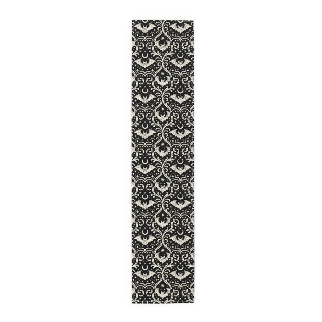 Gothic Bat Damask Table Runner | Black Halloween Table Decor