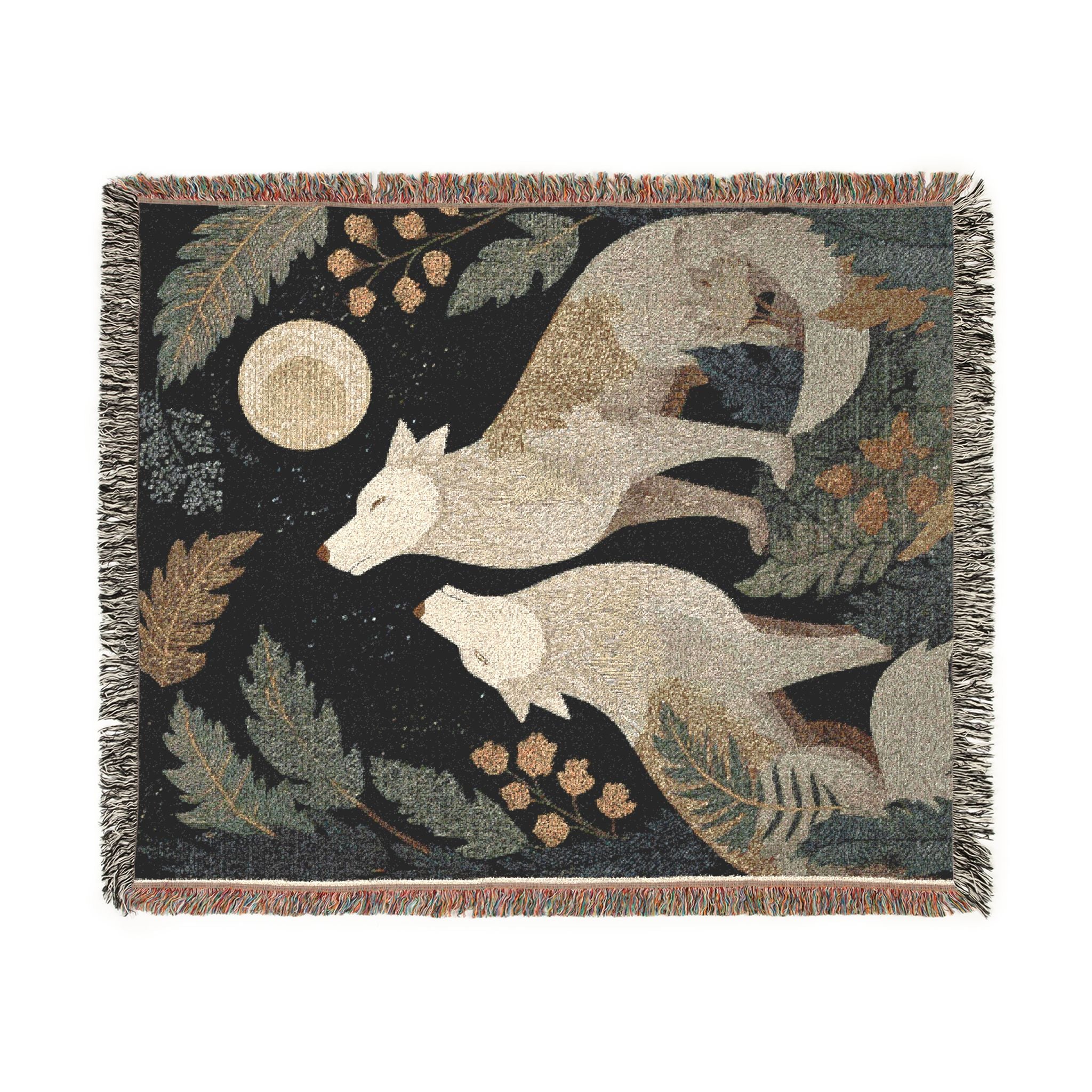 Woven Wolves Moon scene blanket | Tapestry-style woodland heirloom throw