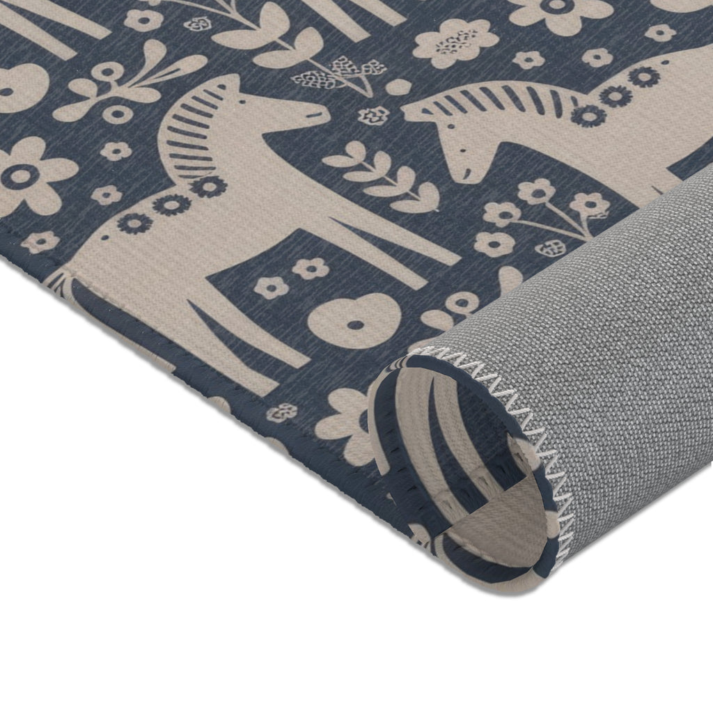 Scandinavian Dala Horse Pattern Area Rug | Folk Art Nordic Floral