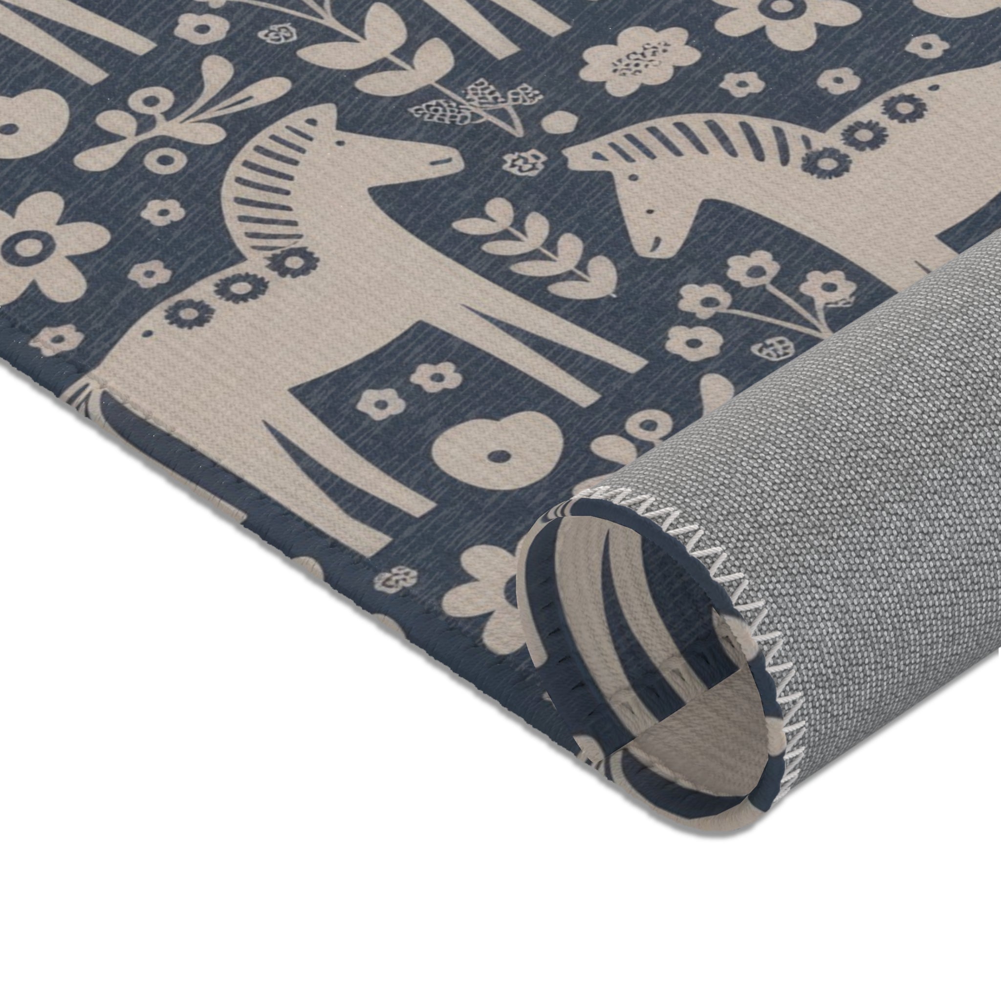 Scandinavian Dala Horse Pattern Area Rug | Folk Art Nordic Floral
