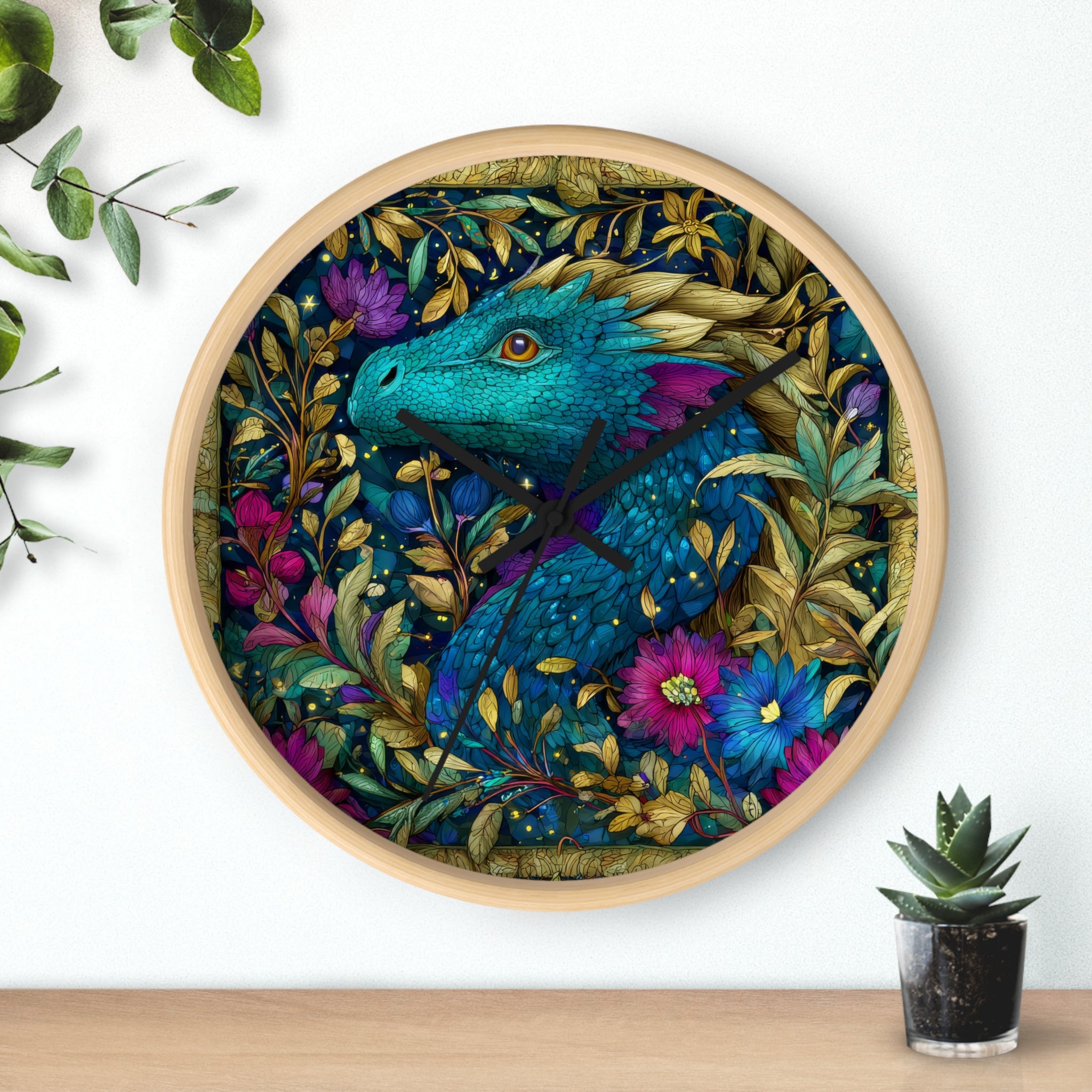 Stained-Glass Dragon Night Garden Wall Clock | Ornate Jewel-Tone Botanical