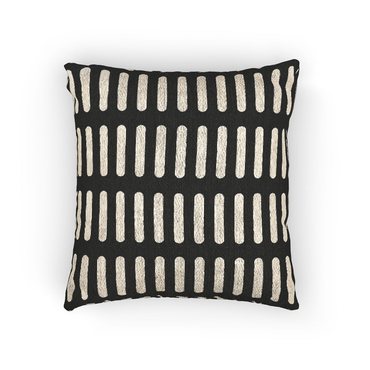 Black woven pillow with irregular cream dash pattern