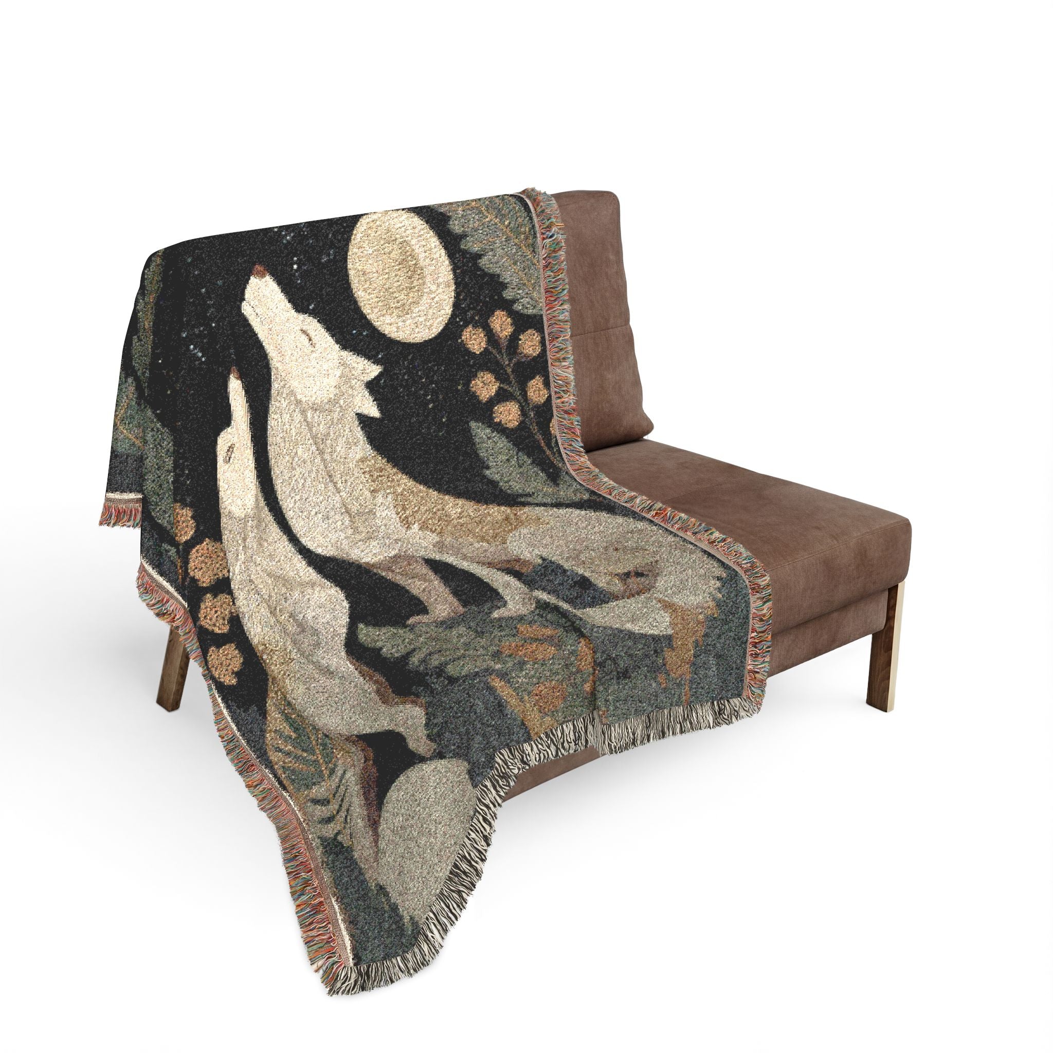 Woven Wolves Moon scene blanket | Tapestry-style woodland heirloom throw