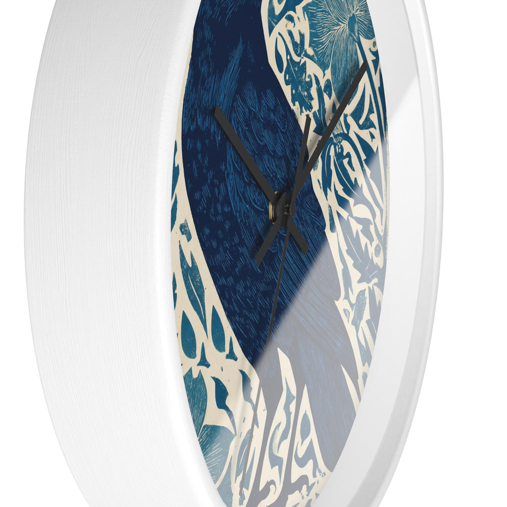Linocut Raven Floral Wall Clock | Woodblock Style Vine Pattern