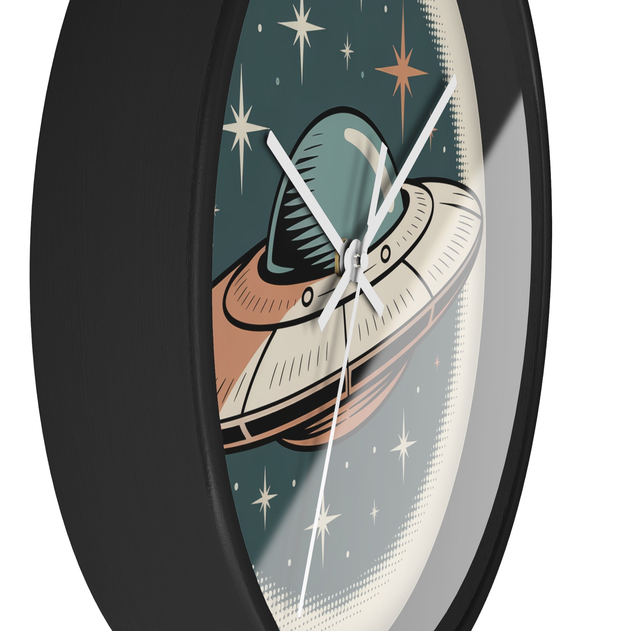 Mid Century Modern Clock, Vintage UFO Postcard Wall Clock, Halftone Starry Night Saucer, Retro Space Age Decor, Teal Orange Sci Fi