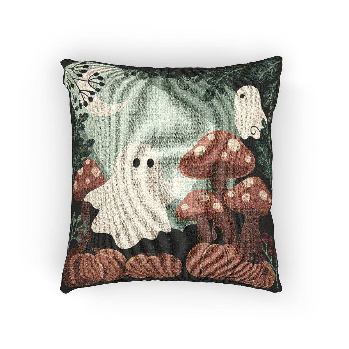 Two Ghosts & Mushrooms Woven Throw Pillow | Halloween Decor