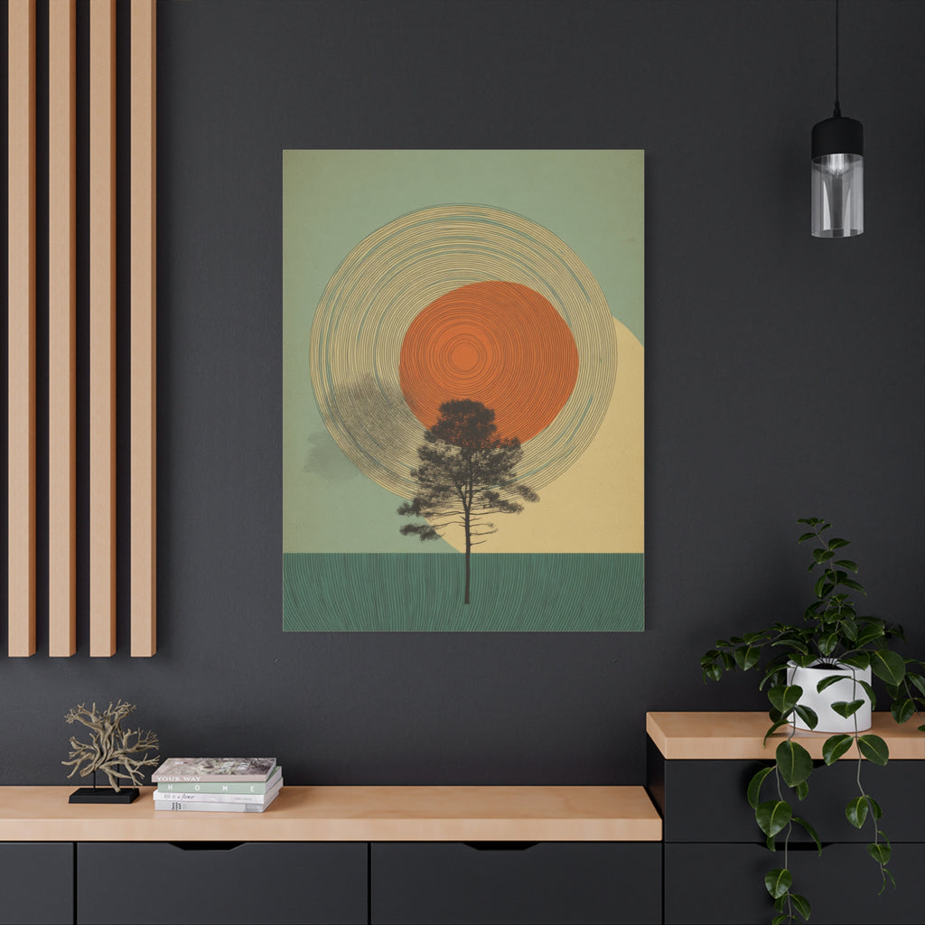 Tree Ring Wall Art | Mid Century Wall Art | Abstract Canvas Of Sun And Tree Nature Landscape