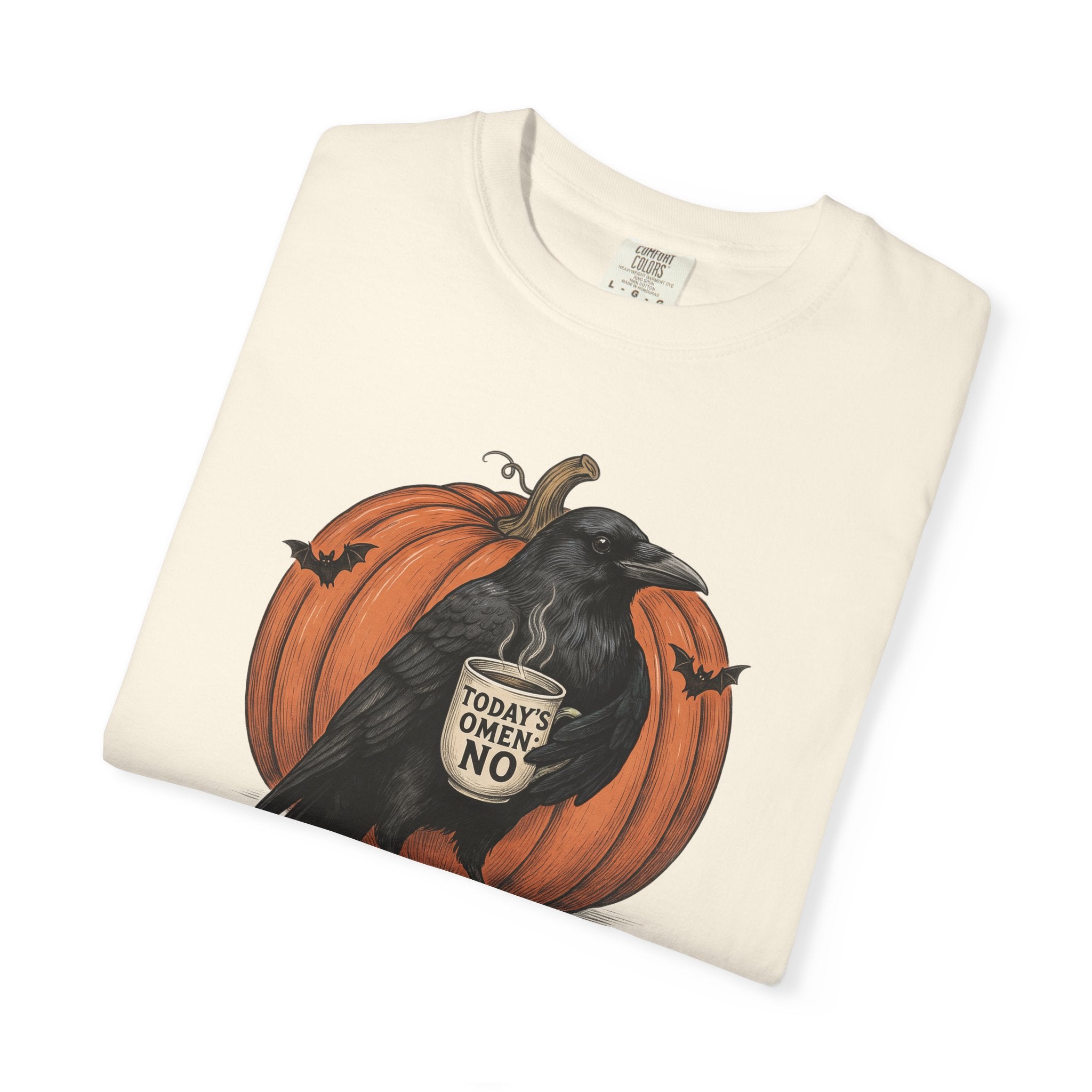 Crow with Coffee 'Today? Omen NO' Pumpkin T-Shirt | Halloween Raven Tee
