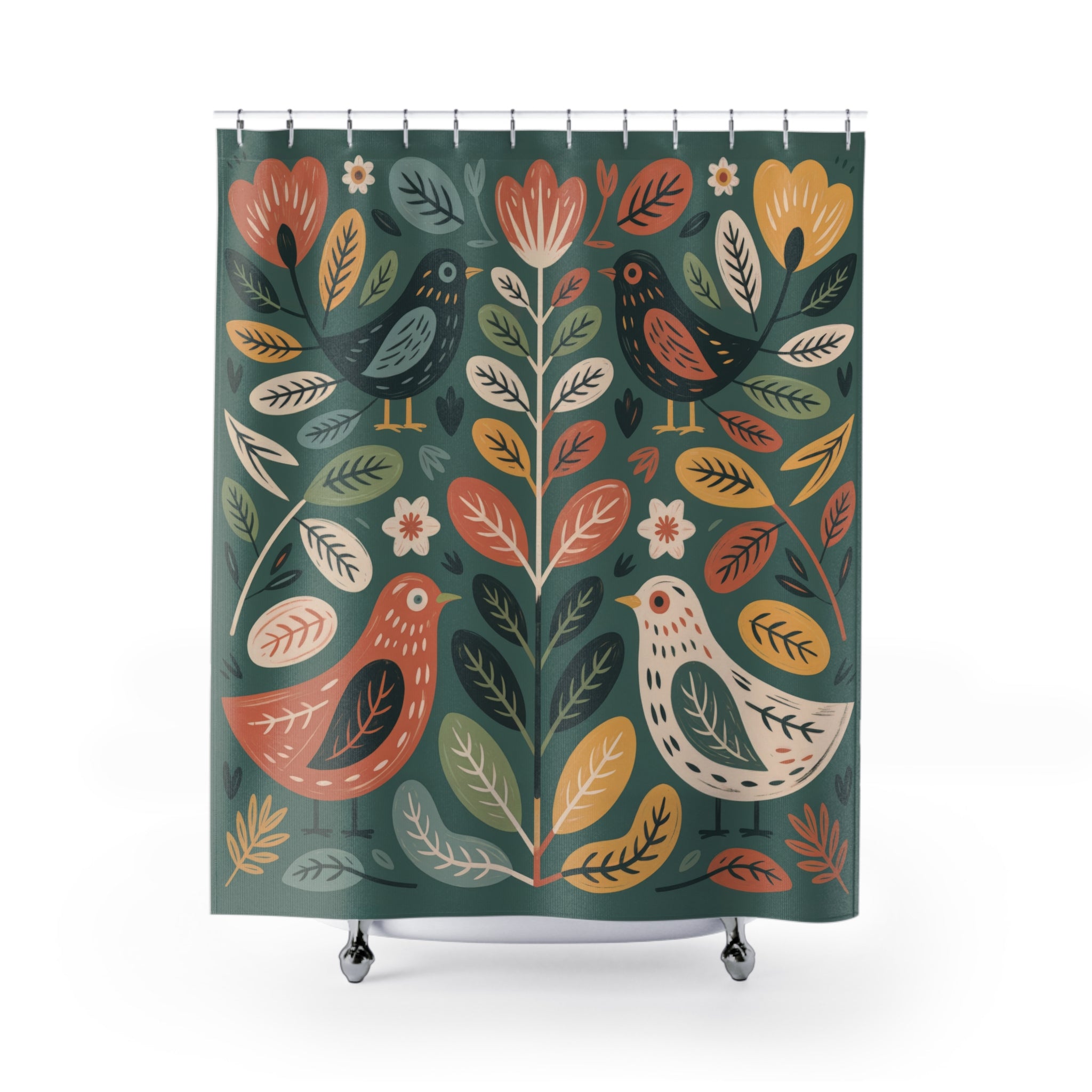 Cottagecore Floral Shower Curtains - Botanical Shower with Folk Bird and Flower Art, Bohemian Bath and Vintage Botanical Bathroom Decor