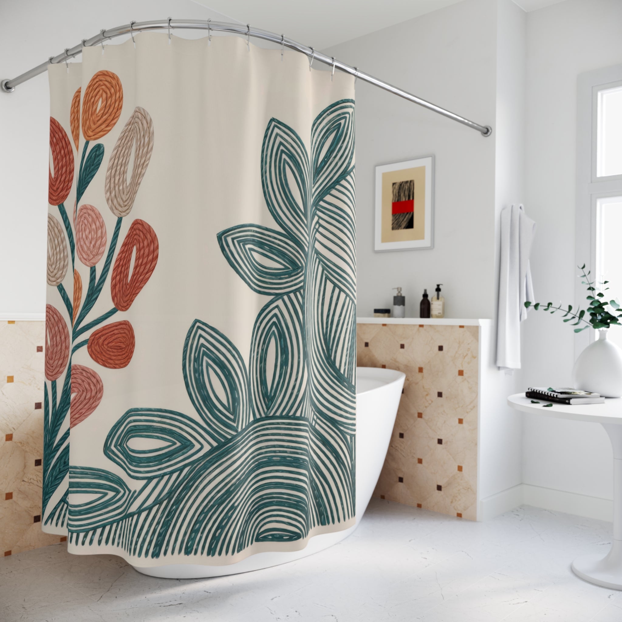 Copy of Modern Folk Botanical Terracotta Teal Shower Curtain | Mid-Century Floral Boho