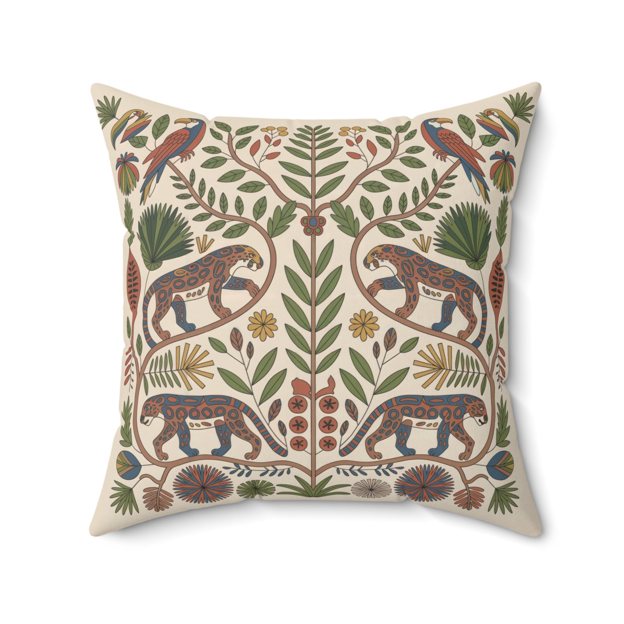 Jaguar and Tropical Bird Folk Art Throw Pillow with Botanical Design