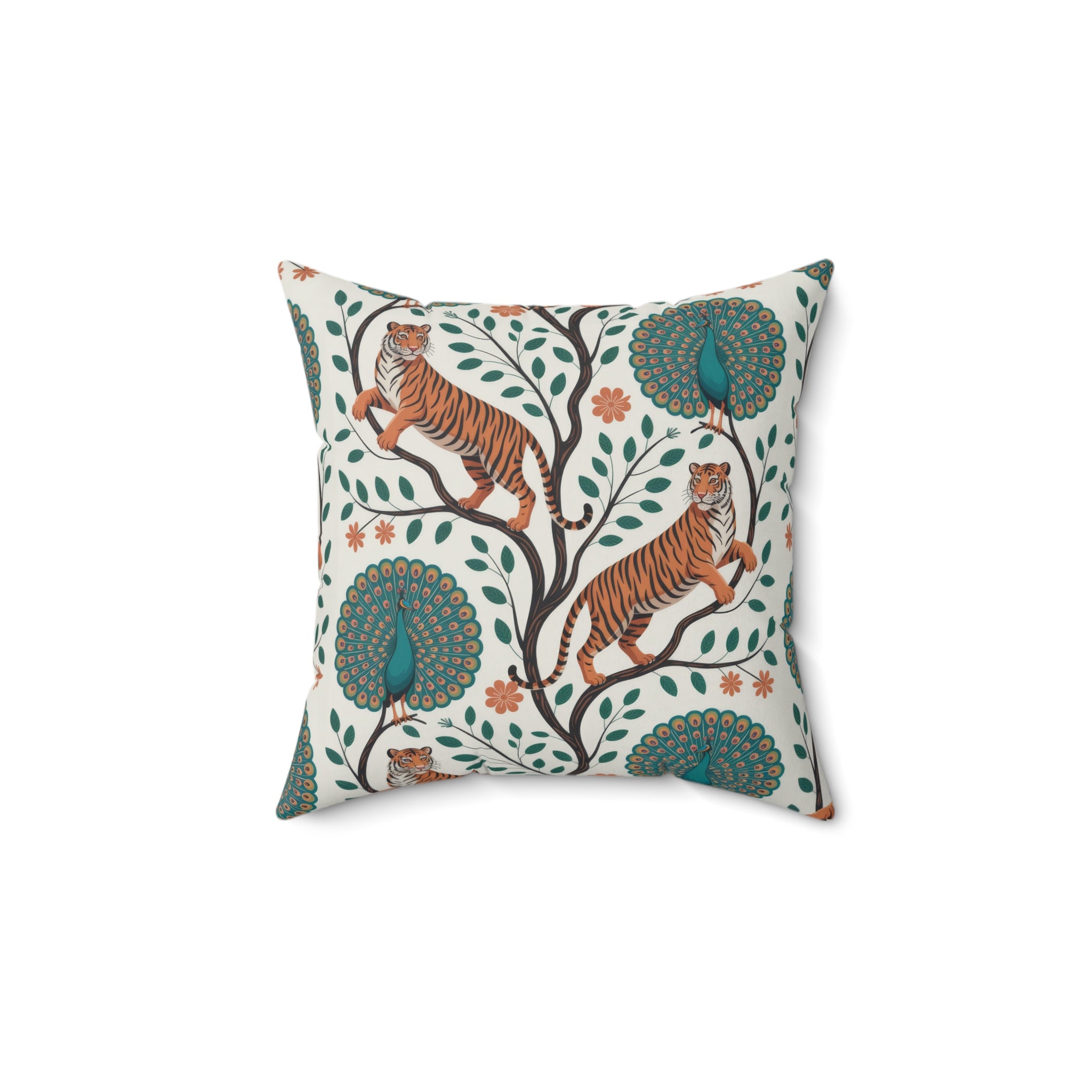 Tiger and Peacock Pillow Featuring a Decorative Botanical Animal Design