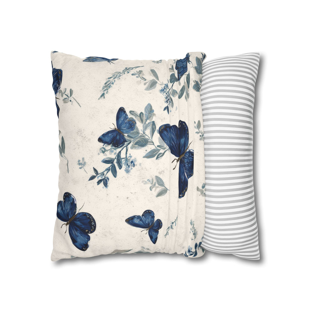 Blue Butterfly Botanical Faux Suede Pillowcase | Sapphire Cobalt Butterflies