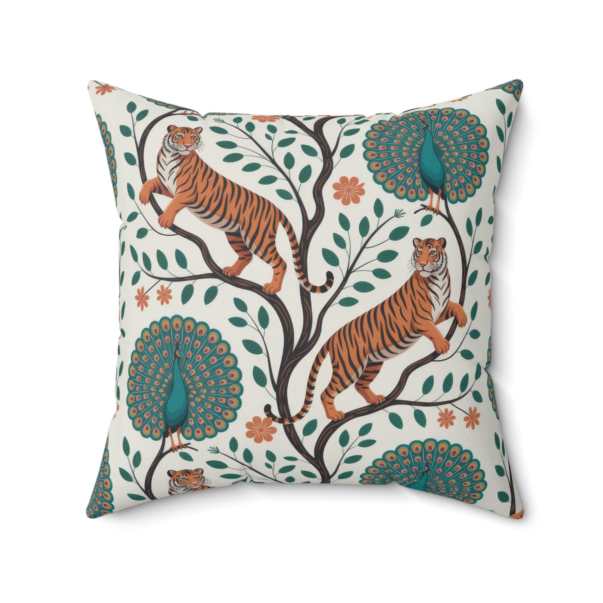 Tiger and Peacock Pillow Featuring a Decorative Botanical Animal Design