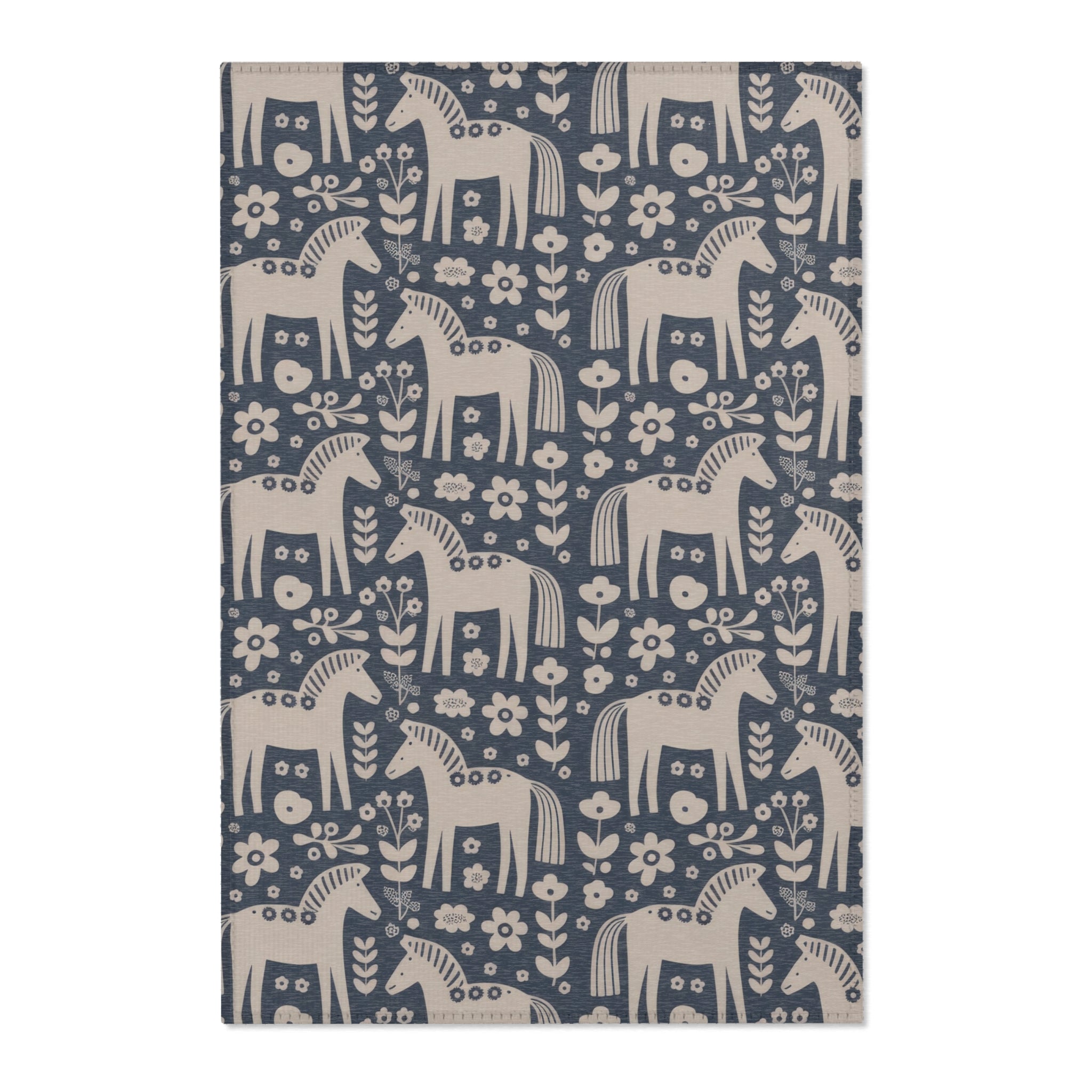 Scandinavian Dala Horse Pattern Area Rug | Folk Art Nordic Floral