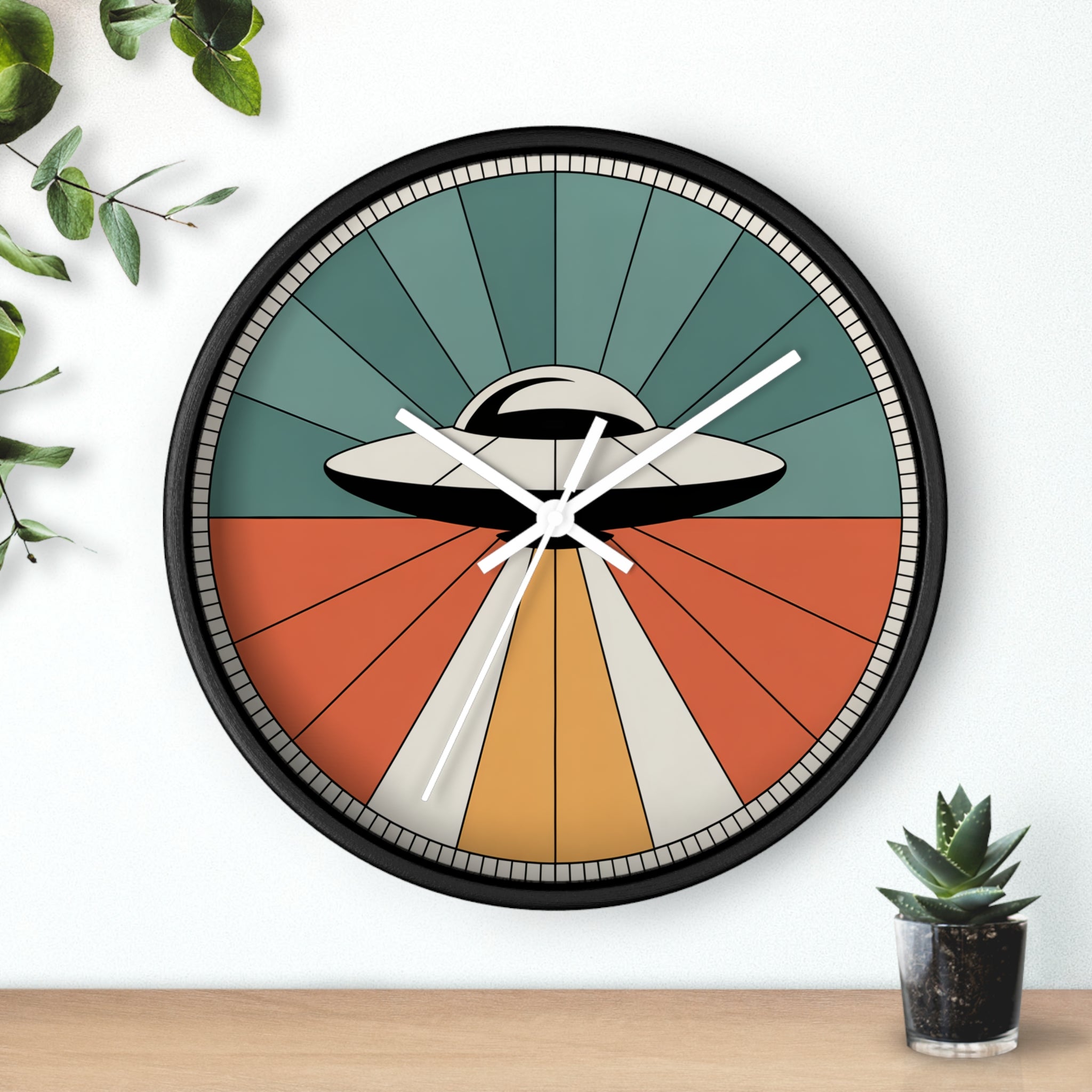 Mid Century Modern Clock, UFO Sunburst Wall Clock, 1950s Space Age Poster Style, Teal Orange Retro Sci Fi Decor, Atomic Starburst Dial