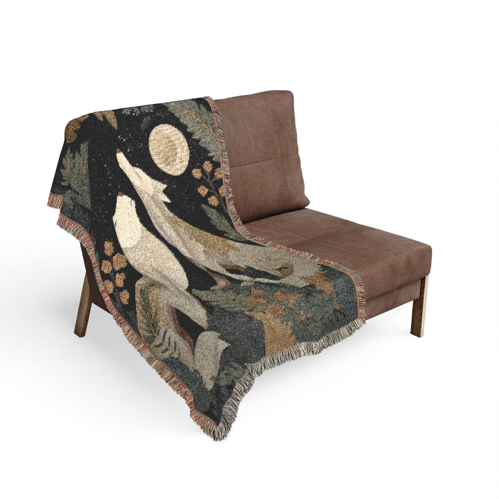 Woven Wolves Moon scene blanket | Tapestry-style woodland heirloom throw