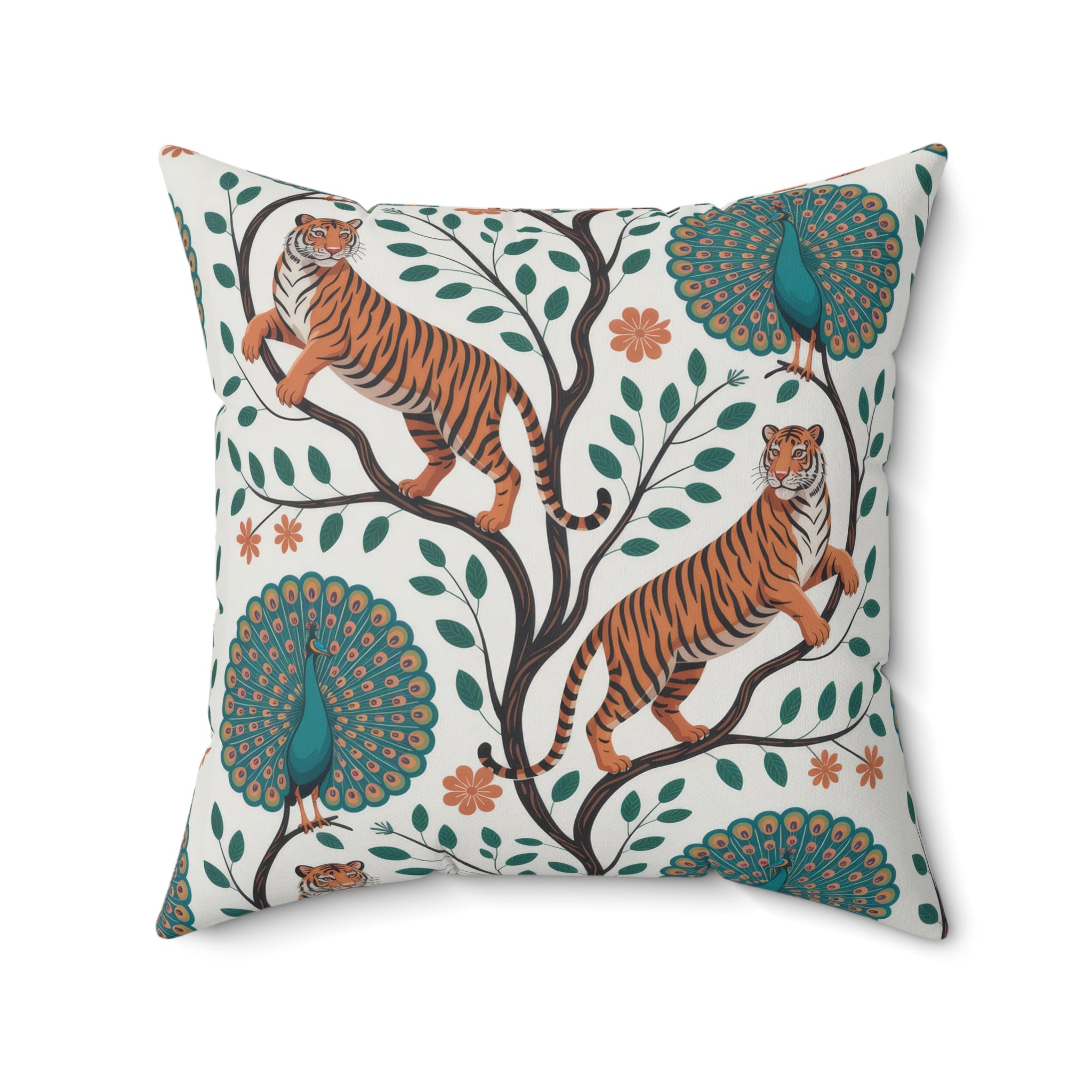 Tiger and Peacock Throw Pillow | Botanical Animal Print Square Pillow