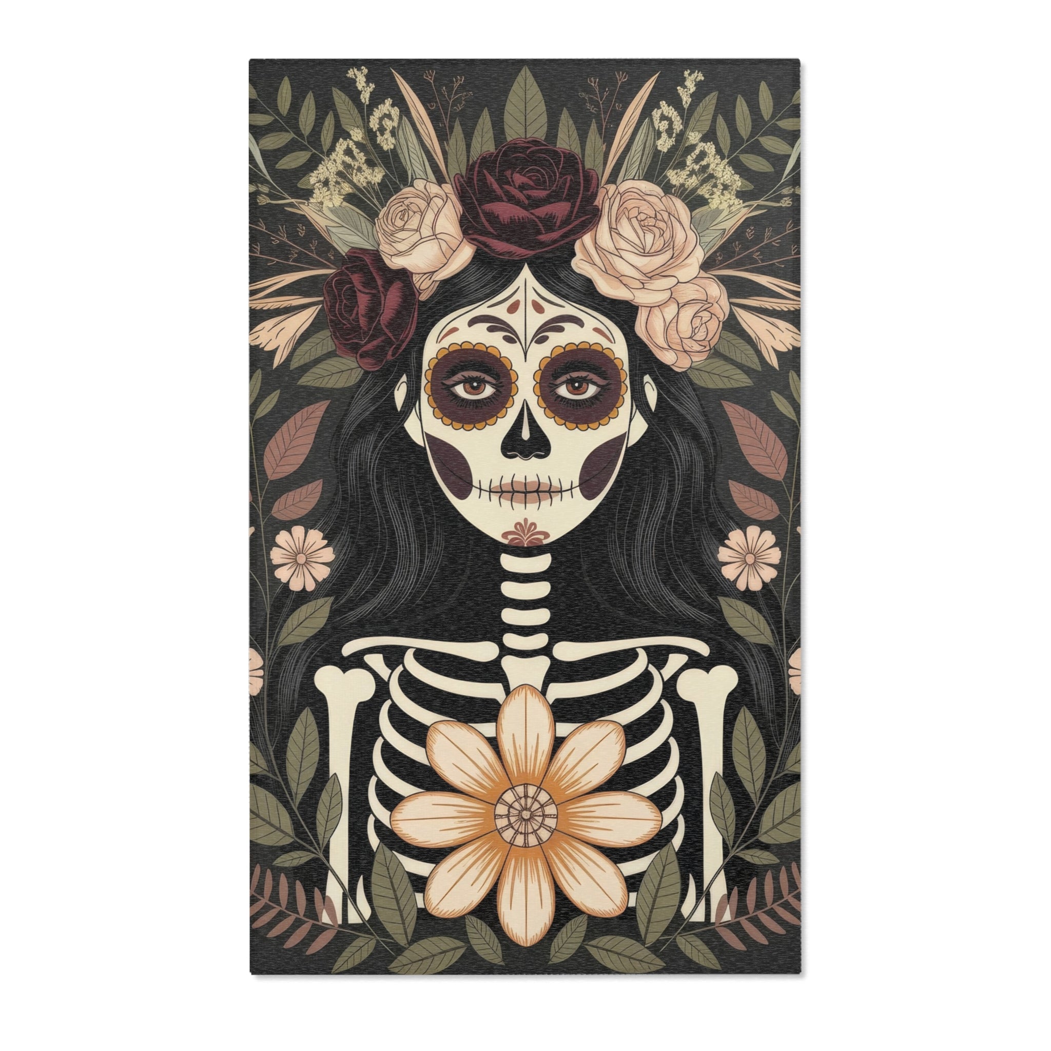 La Catrina Sugar Skull Area Rug | Gothic Floral Ceremony, Charcoal Burgundy
