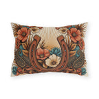 Western horseshoe outdoor pillow with rust, teal and cream florals