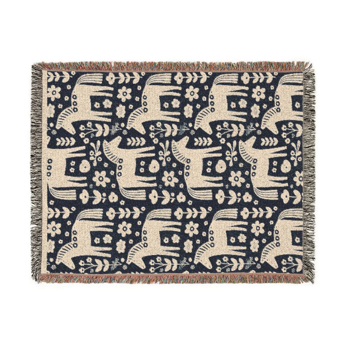 Scandinavian Dala Horse Woven Throw Blanket  | Nordic Folk Art Throw