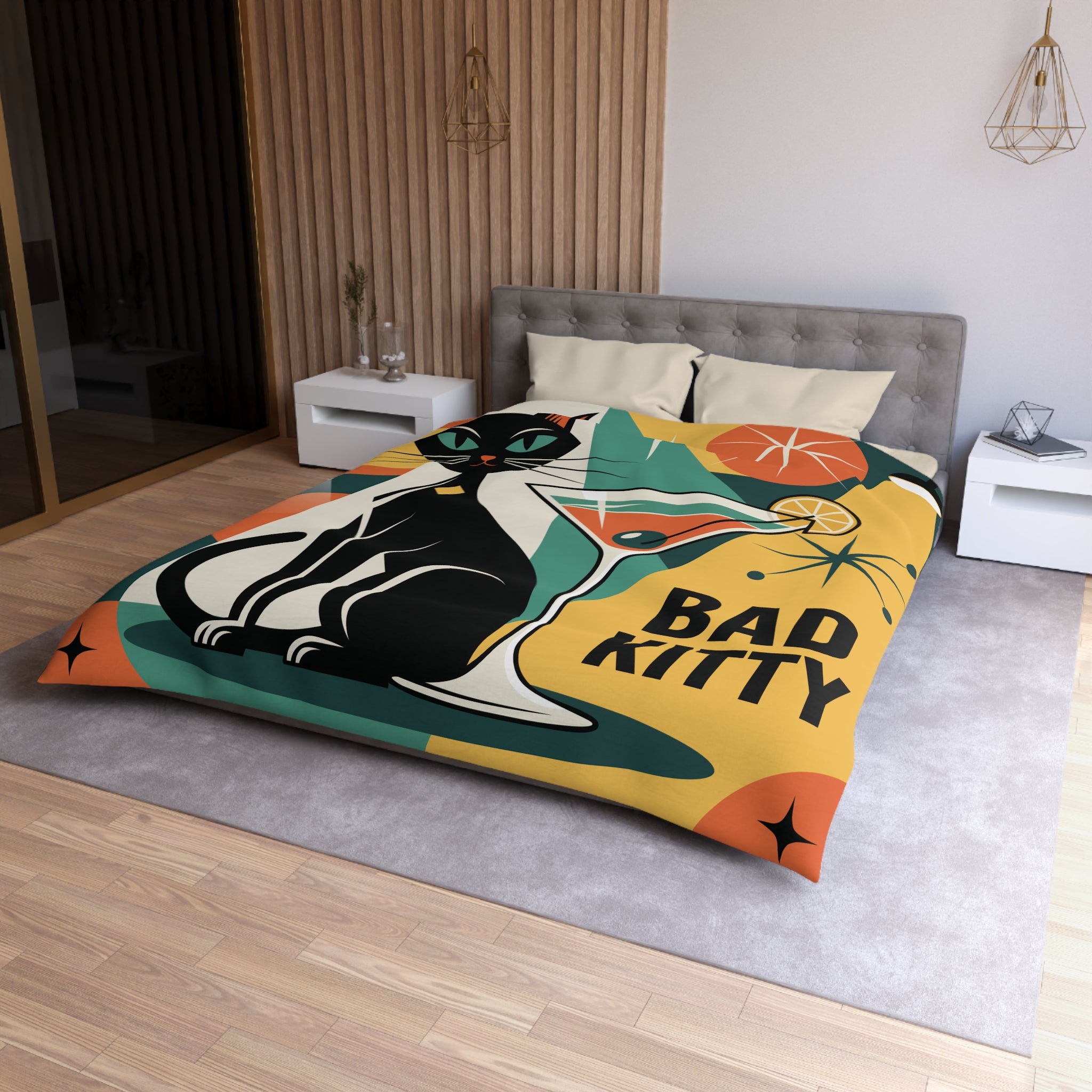 Atomic Black Cat Duvet Cover | Mid Century Modern Geometric 'Bad Kitty Lounge'
