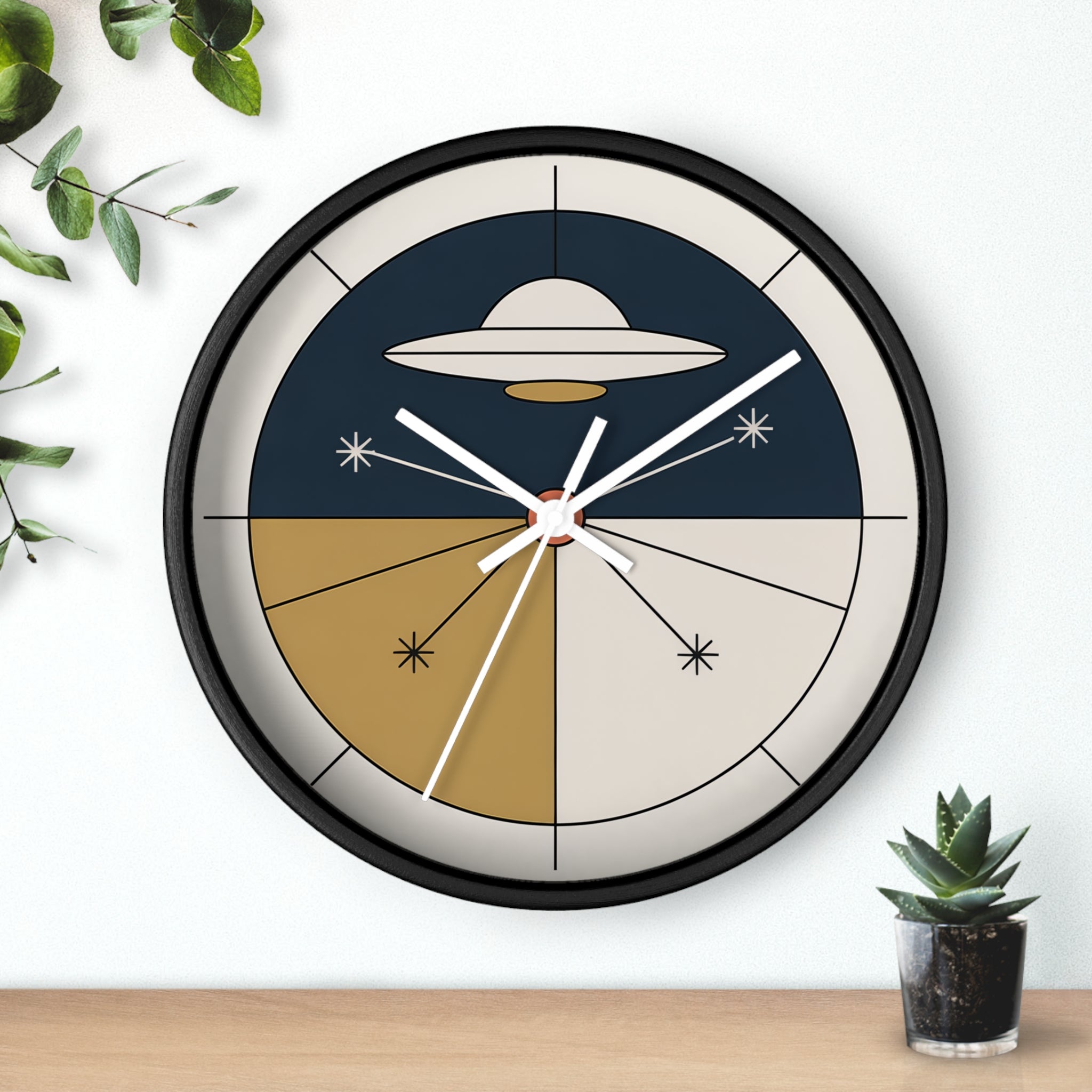 Mid Century Modern Clock, Geometric UFO Wall Clock, Atomic Constellation Design, Minimal Space Age Decor, Navy Cream Brass Clock
