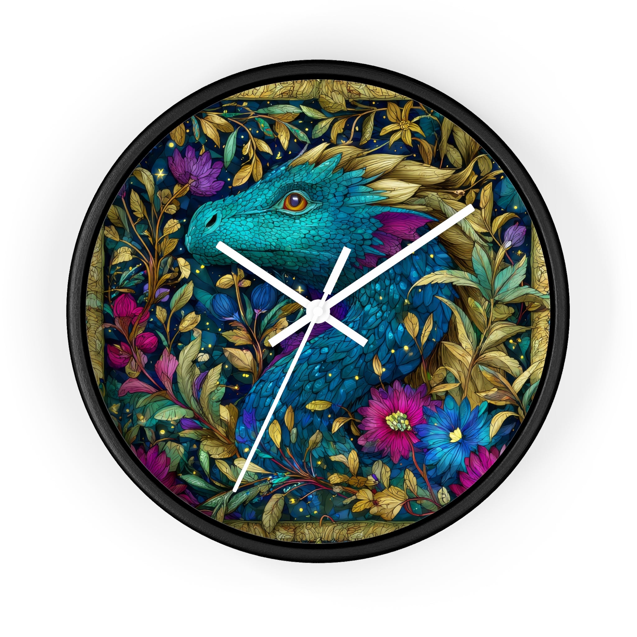 Stained-Glass Dragon Night Garden Wall Clock | Ornate Jewel-Tone Botanical