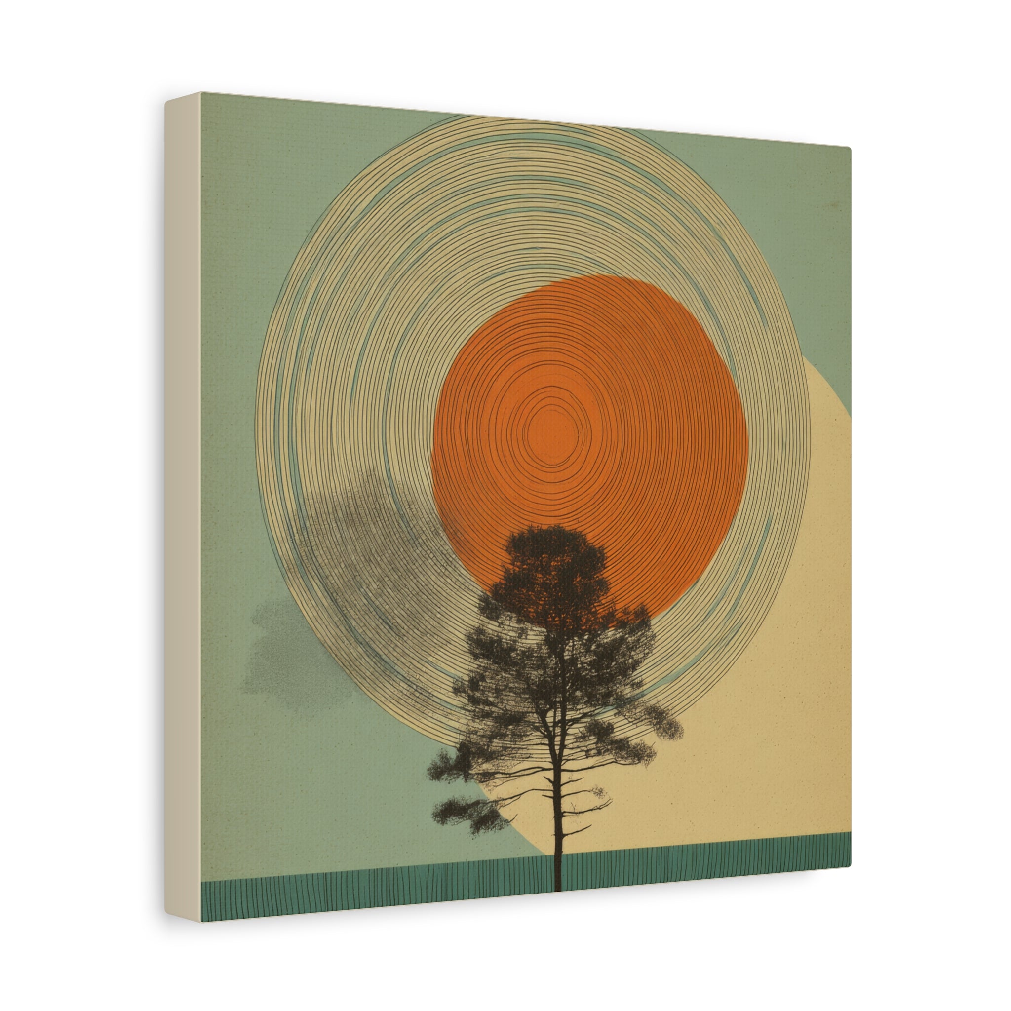 Tree Ring Wall Art | Mid Century Wall Art | Abstract Canvas Of Sun And Tree Nature Landscape