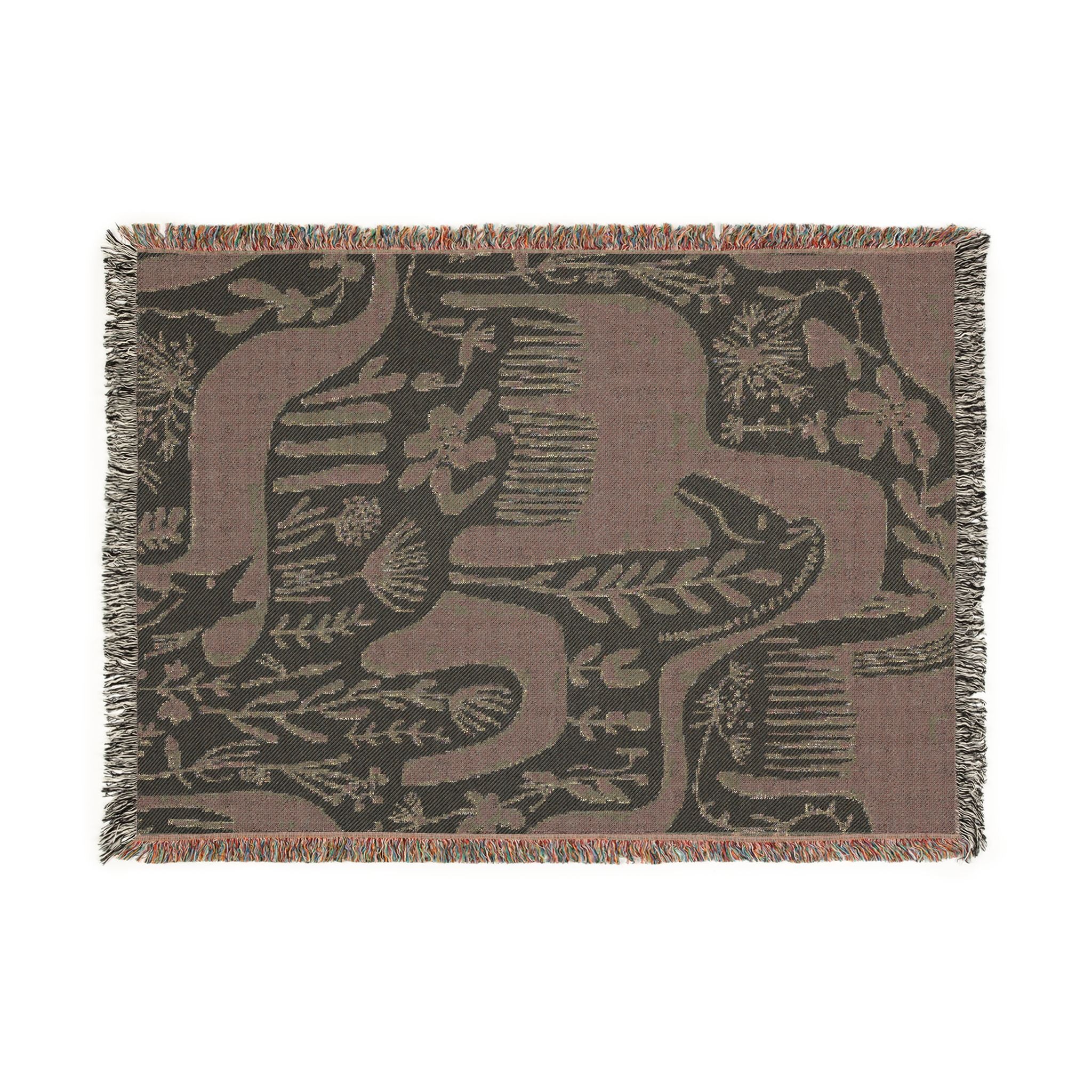 Scandinavian Horse Pattern Woven Blanket | Blue Cream Folk Art Tapestry